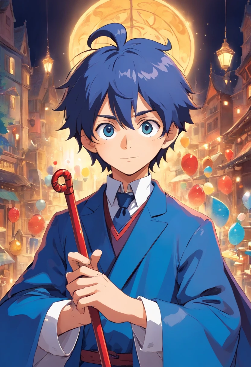boy, magician, long blue coat, mask, magic cane, (masterpiece), best quality, expressive eyes, perfect face, full body