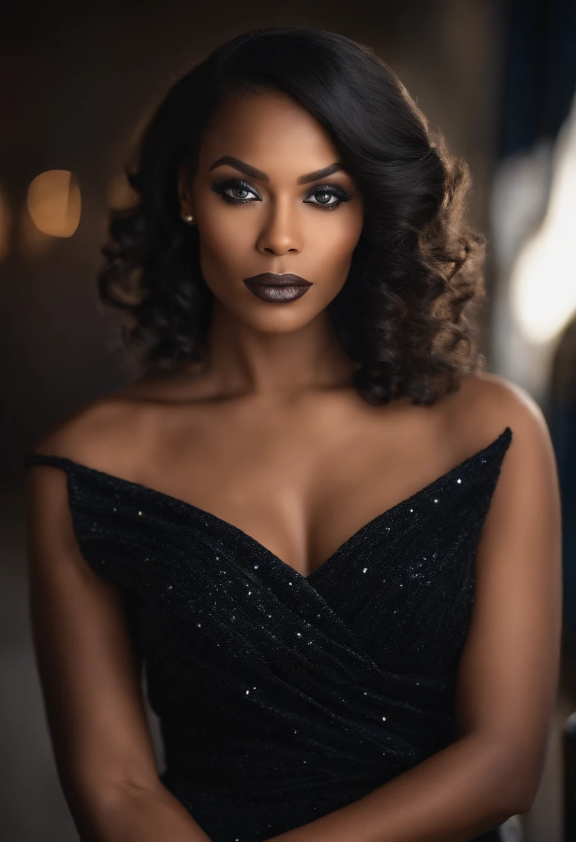 femme puissante, Femme de 31 ans, LONGS CHEVEUX NOIRS, serious face, sparkle in the eye, executive, Well-dressed woman, pagne, Femme noire, yeux bruns