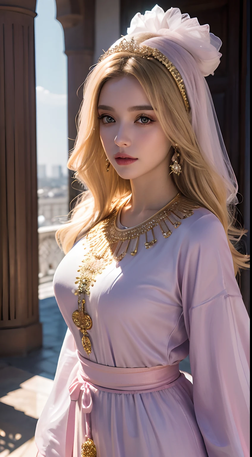 (master piece: 1.3), (8k, photoreallistic, Photo brute, beste-Qualit: 1.4), (1fille), beau visage, (realistic face), (cheveux rouges , cheveux long blond1.3), belle coiffure, Realistic Crystal Brilliant Brilliant Bright Bright Eyes, beautiful detailed eyes brilliant European beauty, (realistic skin), belle peau, (tirer), absurdes, attrayant, ultra highres, ultra realist, highly detailed, Golden number wearing a Moroccan Islamic caftan outfit half pink half purple