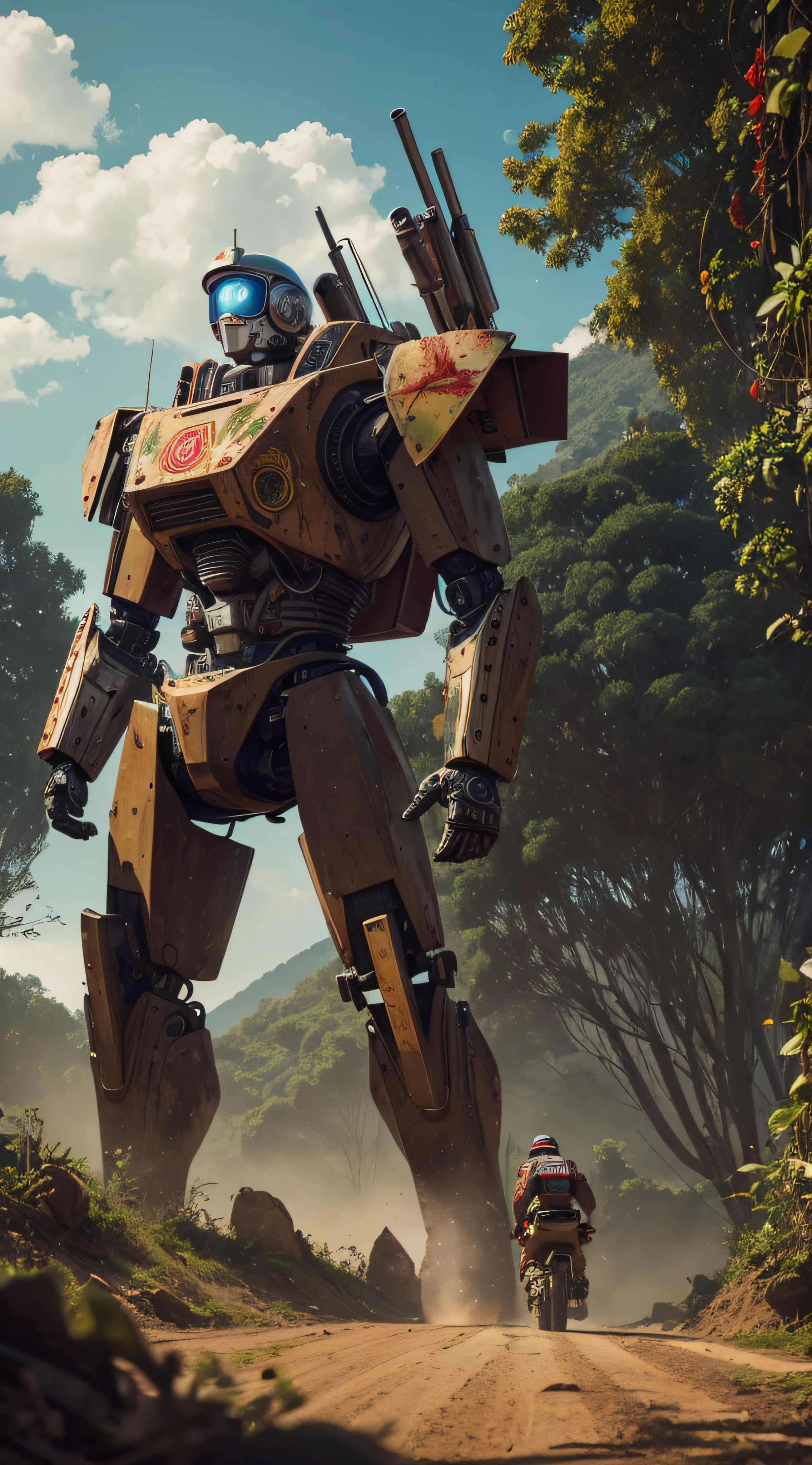 (extremadamente detallado, obra maestra, La mejor calidad, foto antigua, principios de siglo, VHS Aesthetics) Great retro robot with blood in robotic hands. Armas grandes, cannons on his back. motosierras. In the middle of a strange jungle. Vegetables from another dimension. Epic flowers far away, organic trees with meat. Luz noche.