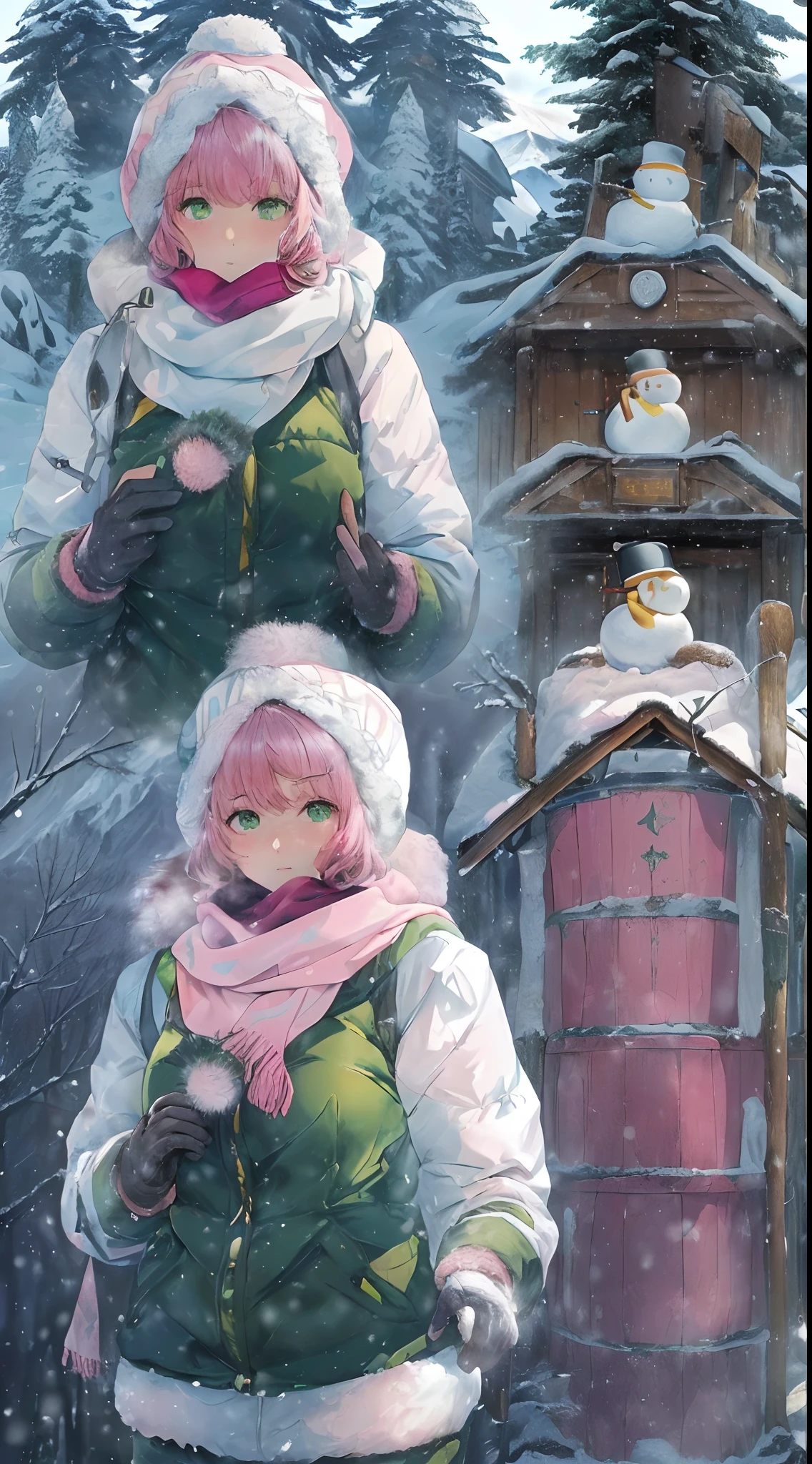 ((((Masterpiece, hiquality, absurdress) 1Woman, black hair, curly hair, Afro-curly hair, Green eyes, a perfect face, the perfect body, big breastes, short stature, very dark skin, 独奏, ((Best Quality)), ((Masterpiece)), (Detailed:1.4), Detailed eyes and face, winter, snowing, snowman, winter down jacket, ski pants, bonnet, winter gloves, a scarf, skiing, mountains, woods, Skiing, pink sheks