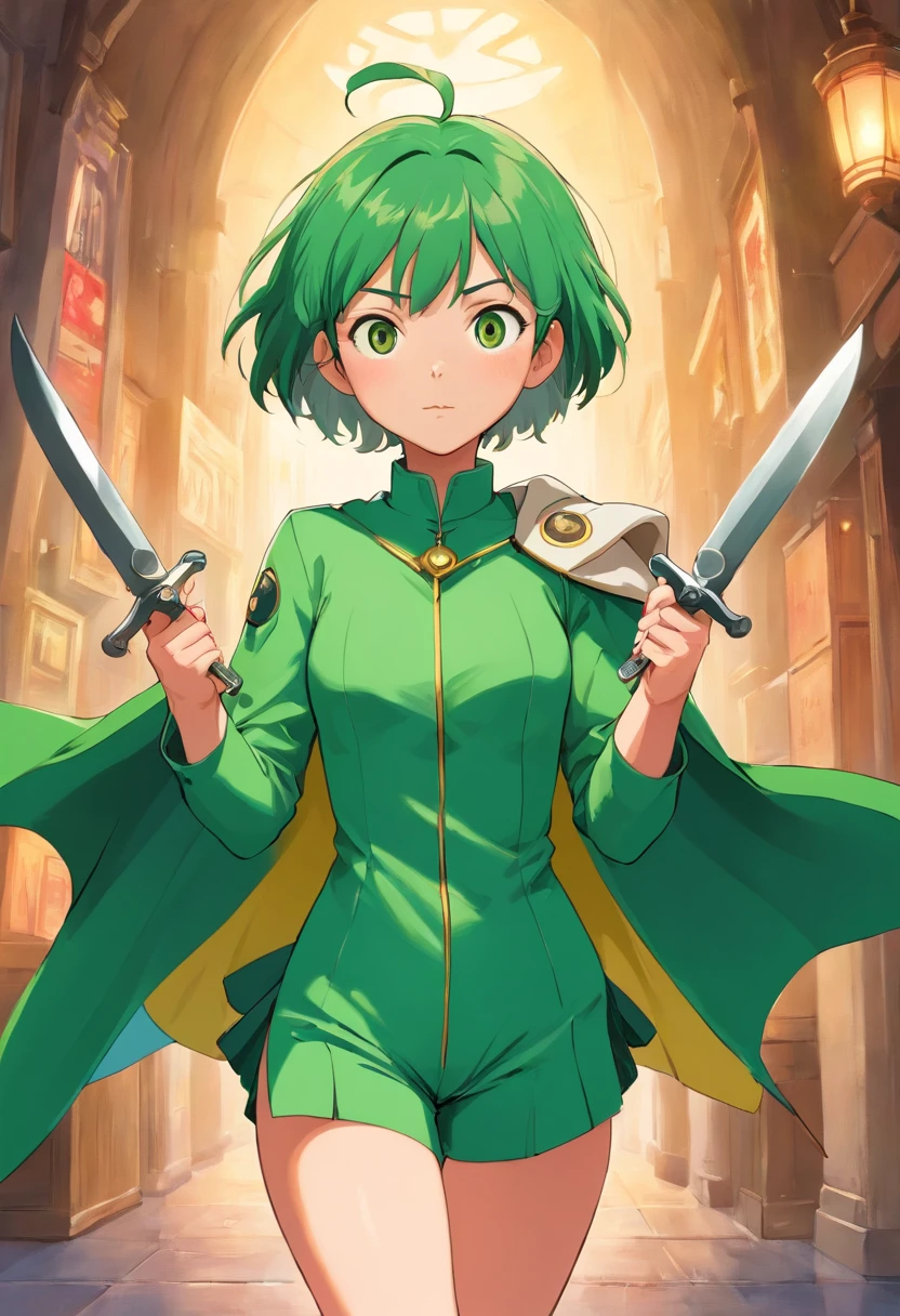 girl, short hair, killer, green suit, cape, mask, with two knives, (masterpiece), best quality, expressive eyes, perfect face, full body