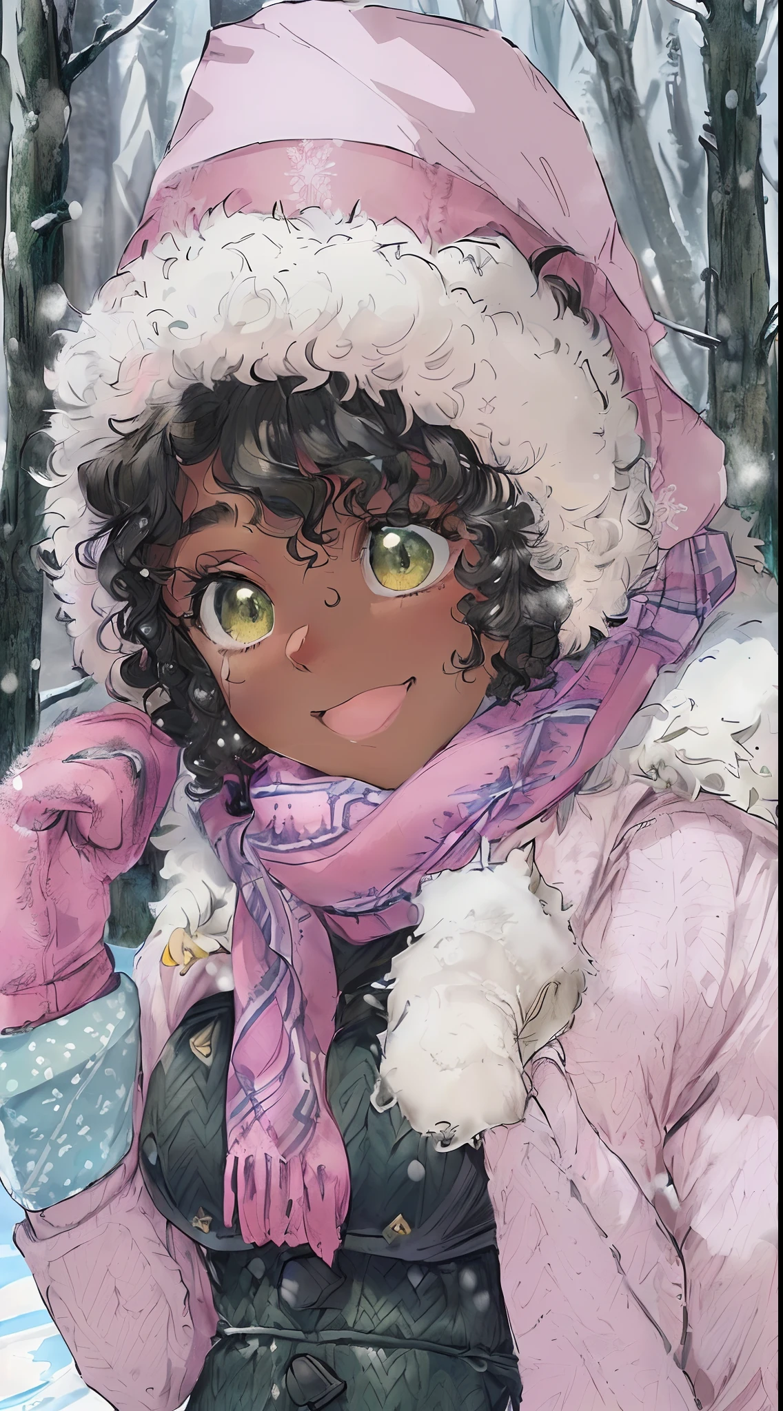 ((((Masterpiece, hiquality, absurdress) 1Woman, black hair, curly hair, Afro-curly hair, Green eyes, a perfect face, the perfect body, big breastes, short stature, very dark skin, 独奏, ((Best Quality)), ((Masterpiece)), (Detailed:1.4), Detailed eyes and face, winter, snowing, snowman, winter down jacket, ski pants, bonnet, winter gloves, a scarf, skiing, mountains, woods, Skiing, pink sheks