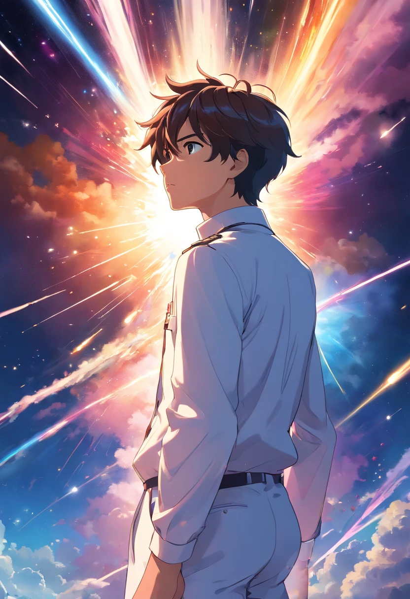 A young  man in the middle of space in a white suit and a rainbow canopy looking at an exploding star