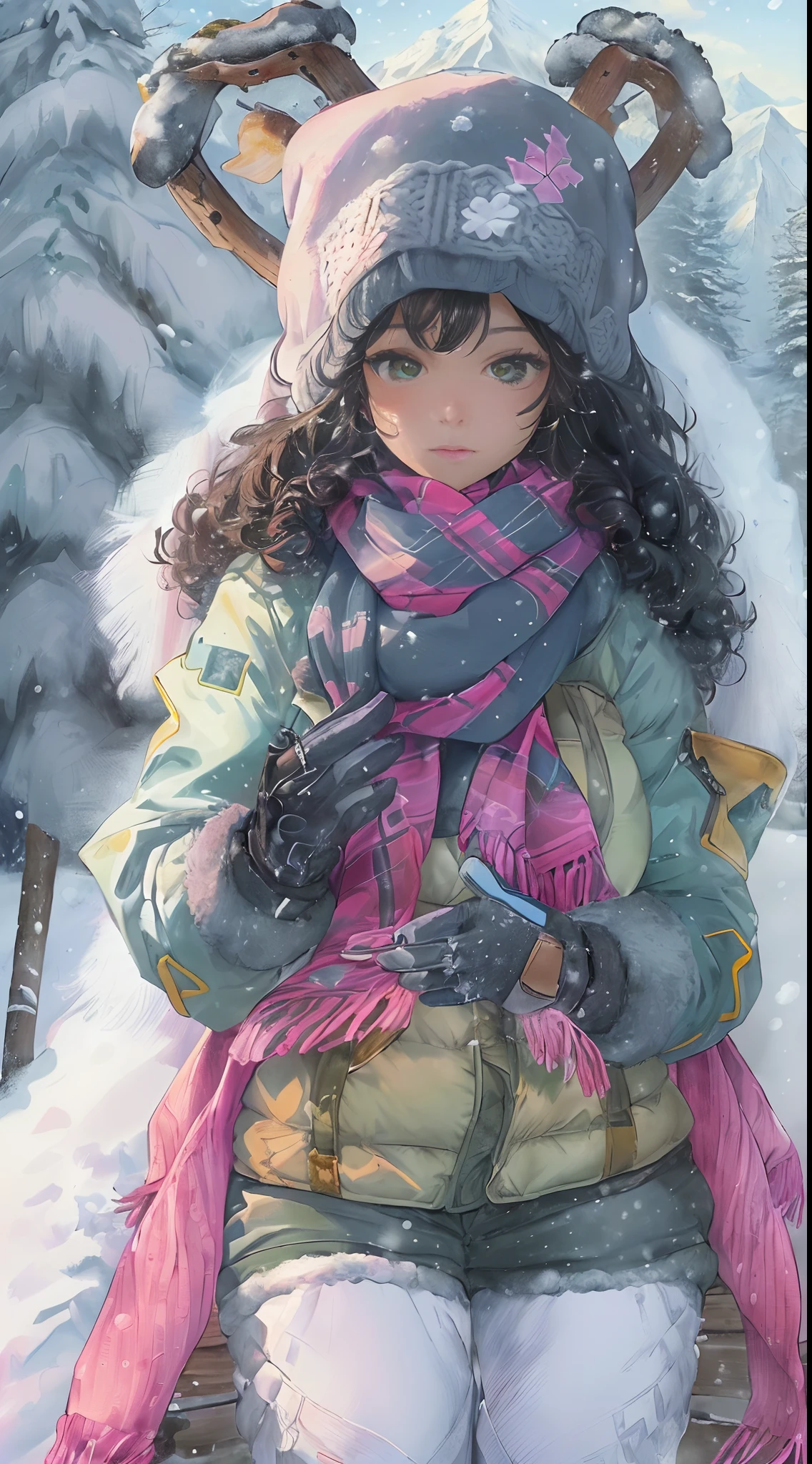 ((((Masterpiece, hiquality, absurdress) 1Woman, black hair, curly hair, Afro-curly hair, Green eyes, a perfect face, the perfect body, big breastes, short stature, very dark skin, 独奏, ((Best Quality)), ((Masterpiece)), (Detailed:1.4), Detailed eyes and face, winter, snowing, snowman, winter down jacket, ski pants, bonnet, winter gloves, a scarf, skiing, mountains, woods, Skiing, pink sheks