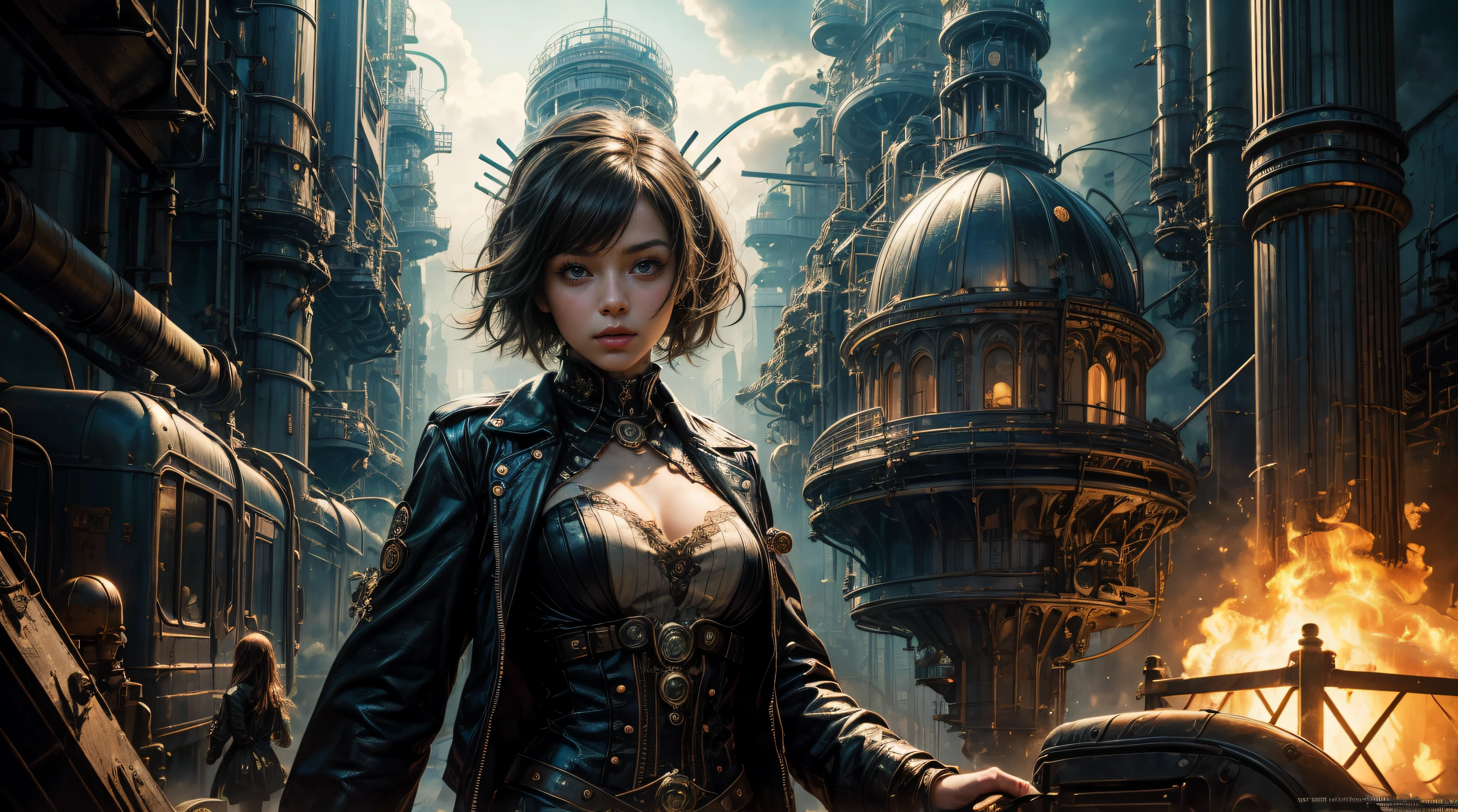 Ultra Resolution, 8k , HDR, Ultra sharp,((top-quality)), ((​masterpiece)), ((realisitic)), (detailed), Reflective,there is a woman in a steam punk outfit posing for a picture, (cowboy shot: 1.2), steampunk fantasy style, steampunk girl, steampunk inventor girl, sci-fi steampunk, dieselpunk art style, steampunk pin-up girl, digital steampunk art, steam punk style, steam-punk, young girl in steampunk clothes, steampunk digital art, high quality steampunk art, steampunk