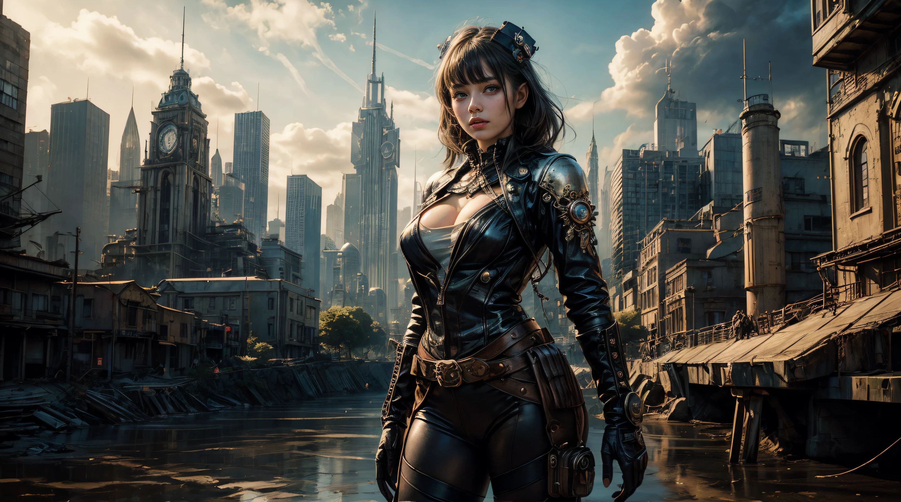 Ultra Resolution, 8k , HDR, Ultra sharp,((top-quality)), ((masterpiece)), ((realisitic)), (detailed), Reflective,there is a woman in a steam punk outfit posing for a picture, (cowboy shot: 1.2), steampunk fantasy style, steampunk girl, steampunk inventor girl, sci-fi steampunk, dieselpunk art style, steampunk pin-up girl, digital steampunk art, steam punk style, steam-punk, young girl in steampunk clothes, steampunk digital art, high quality steampunk art, steampunk