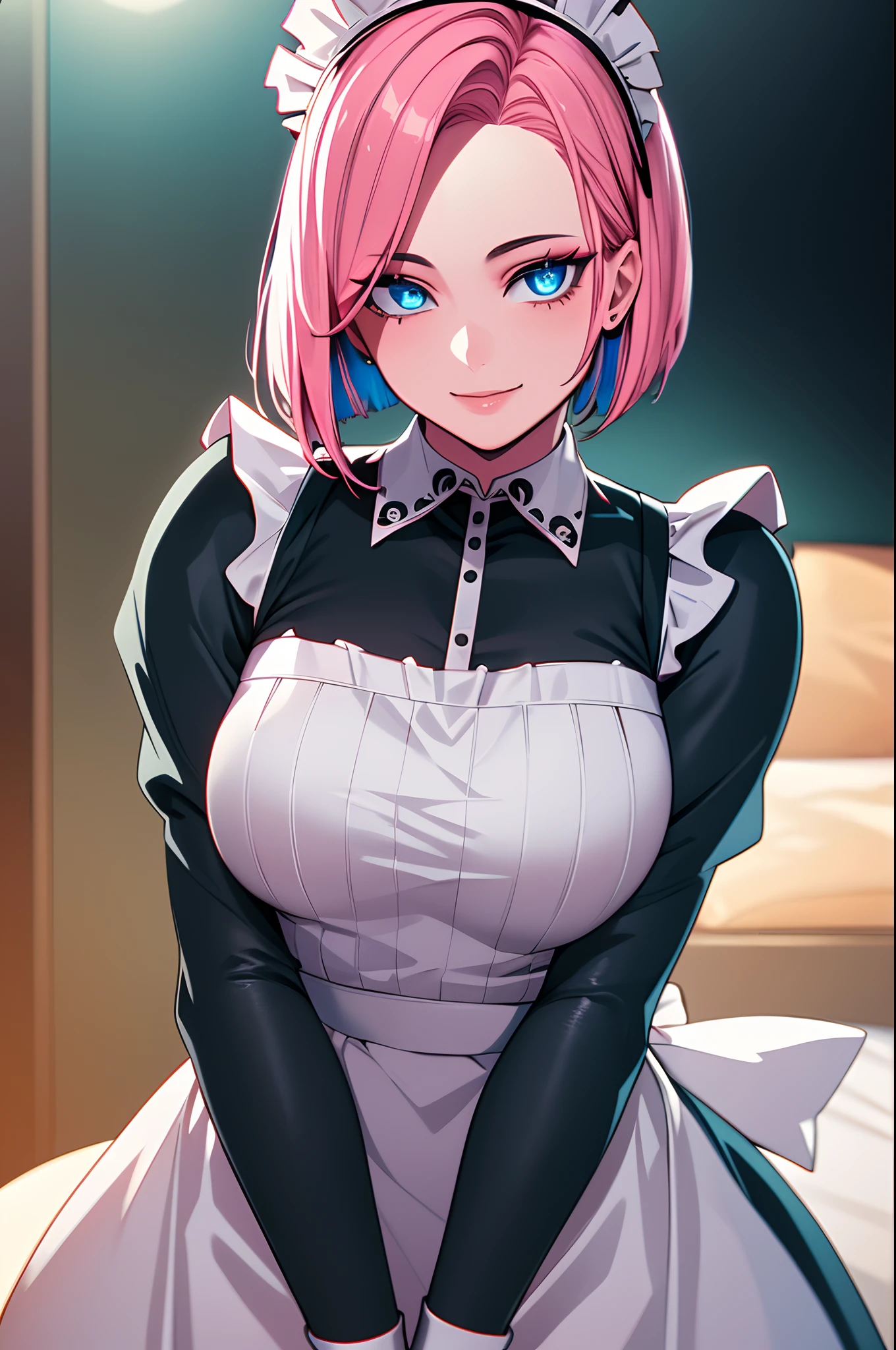 ((masterpiece)), ((ultra-detailed)), ((best quality)), ((intricate details)), ((chromatic aberration)), 1girl, forehead, shy, small breasts, makeup, black eyeliner, looking at viewer, pink hair, blue eyes, maid outfit, apron, maid headdress, bob cut, light smile