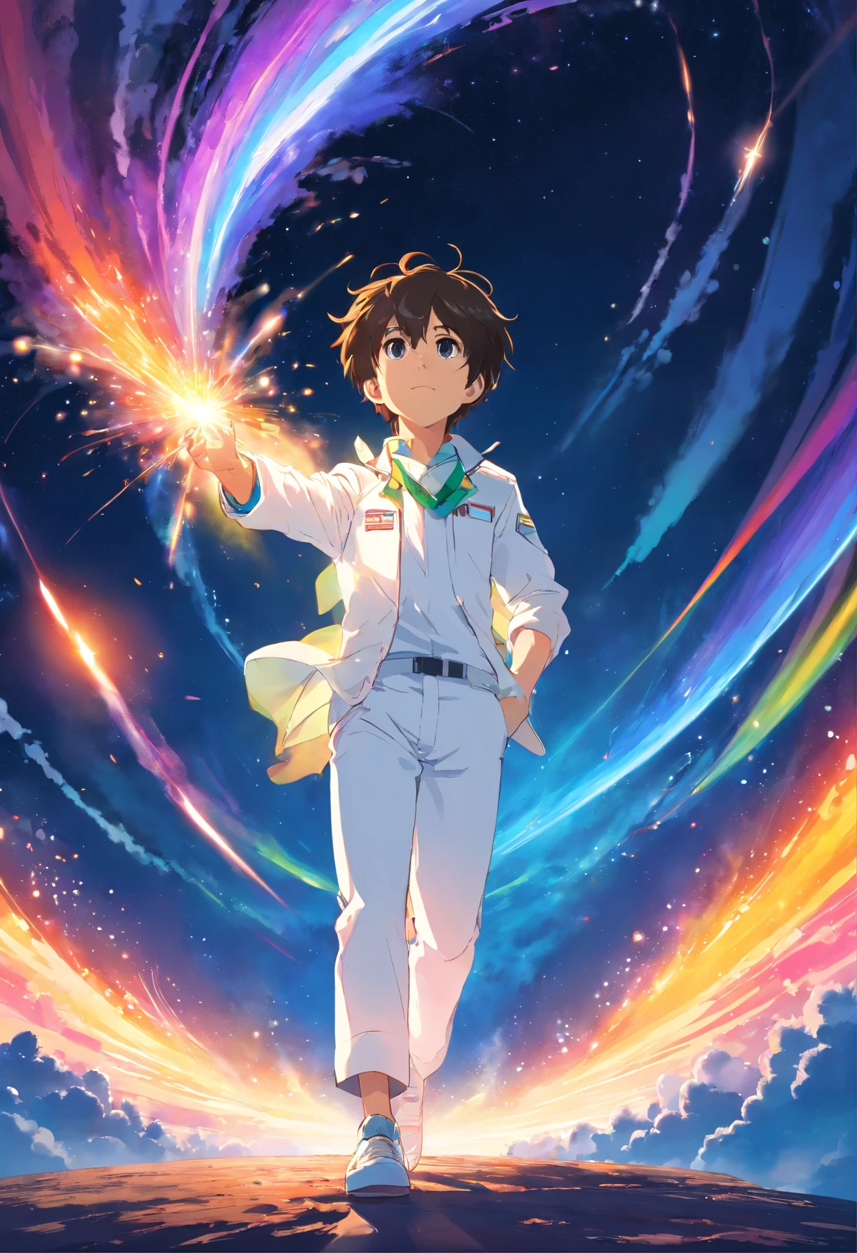 A young teenage man in the middle of space in a white suit and a rainbow canopy looking at an exploding star