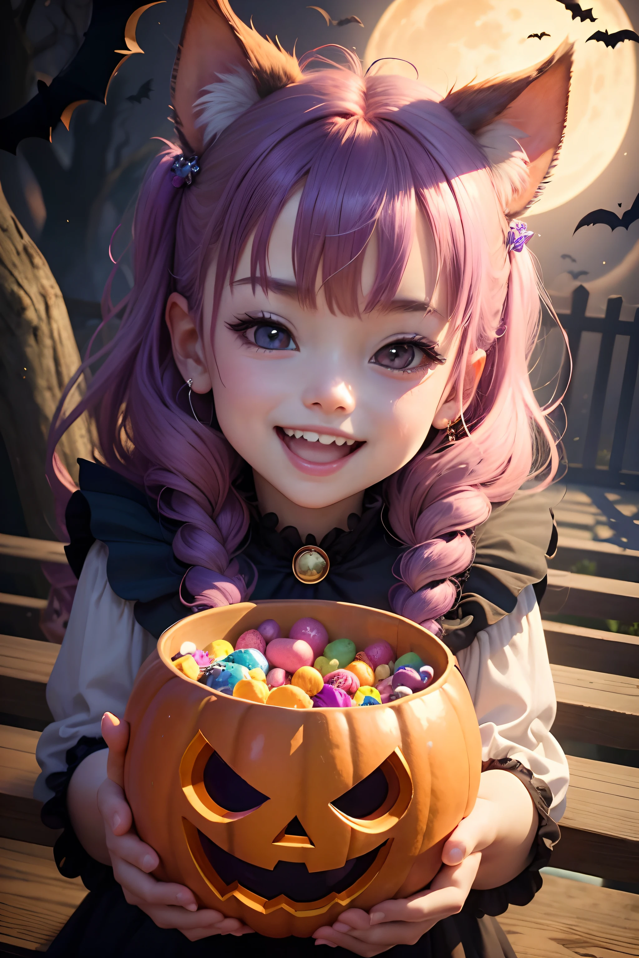 masterpiece best quality, High resolution, Super delicate, Super beautiful, 16 K, Toddler, Canine ears,Pumpkin container overflowing with candy, Purple hair ornament, Open mouth and big smile, Dog teeth, Halloween, Pink moon、Multiple ghosts、the bats、the woods、pastel drawing, Digital Art