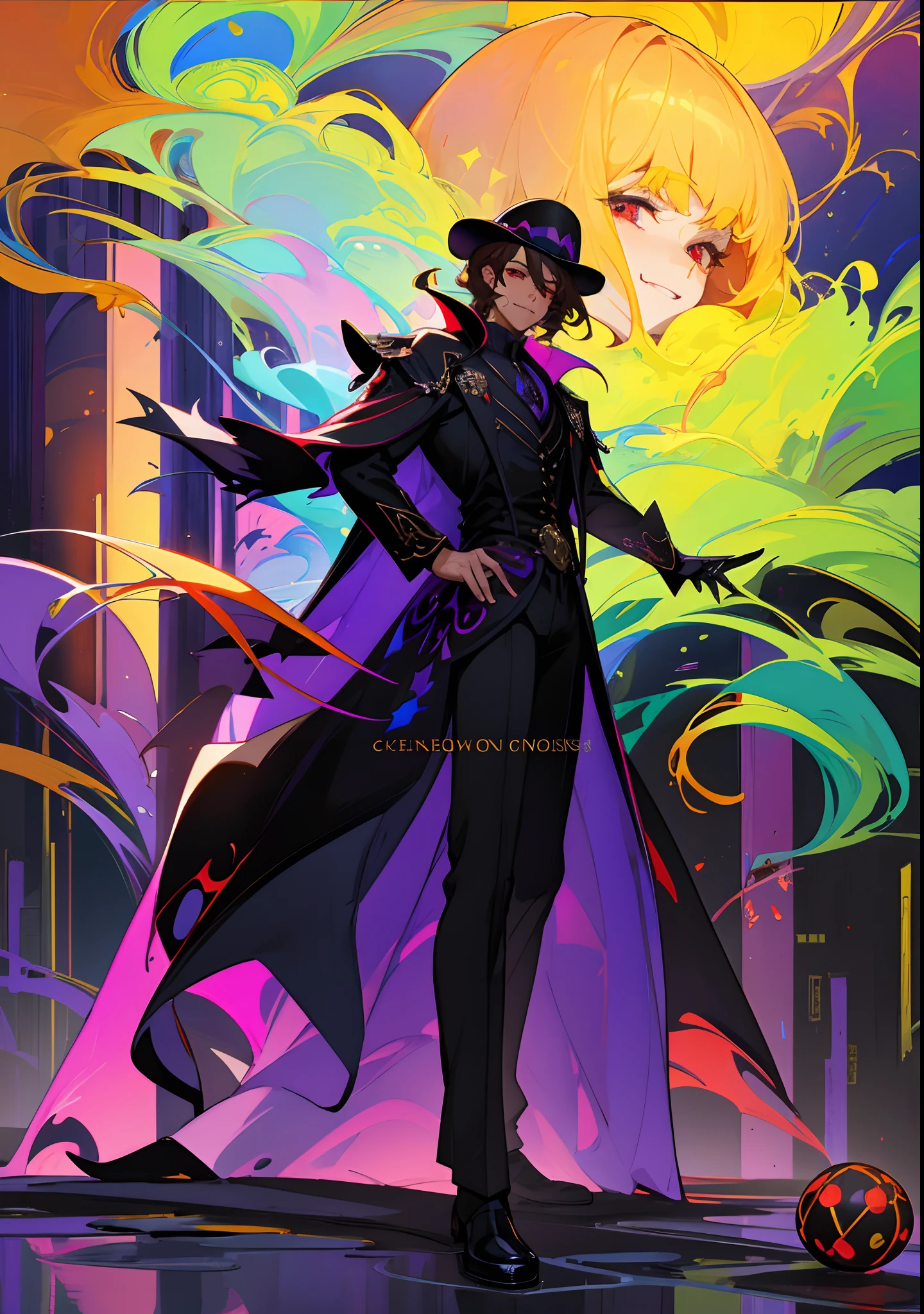Painting of a man in a long coat and hat, Hero pose: colorful city lighting, In the style of Dan Mumford, jen bartel, colorful digital painting, Kilian Eng Bright Colors, Colorful concept art, colorful digital fantasy art, kilian eng vibrant colours, Stylized works of urban fantasy, vibrant digital painting, Psychedelic background spell, ((tmasterpiece)),(((beste-Qualit))), Close-up of seductive man with brown hair, Grown-up guy, Seductive evil, wearing white shirt, black cloak, black pants Attractive appearance, Subsurface scattering skin, Attractive humanoid, high detail, Skinny fantasy man, Fan art, Art, handsome male, red eyes, smirk, ssmile, fangs, vampire fangs, small pupils, Skinny face, sunken cheeks, Melancholic appearance, sharp chin, Smooth face, earring in the ear, Hair gradient, hair color from brown to red, thin eyebrows, short hair on the side, pixie hairstyle, Wavy Hair, Skeletons around, calavera, Skeletal creatures, dice, A chilling look, Cool dark shades, Additional lighting, A gloomy picture, Black Darkness, An ominous fire in his eyes, A Necromancer, necromancy, Evil Magic, a closeup of a, clouds in the background, black clouds, Red Moon,8k wall paper,extremely beautiful, (Masterpiece, Top Quality, Best Quality, highest detail, highest detail, official arts, beautiody & aesthetics: 1.2), the golden ratio, Complete squad, official arts, Unity 8k壁纸, Super detailed, Beautiful, (s fractal art: 1.4), A huge world of dark purple color,plain,Crystal clear crystal, covered with purple color