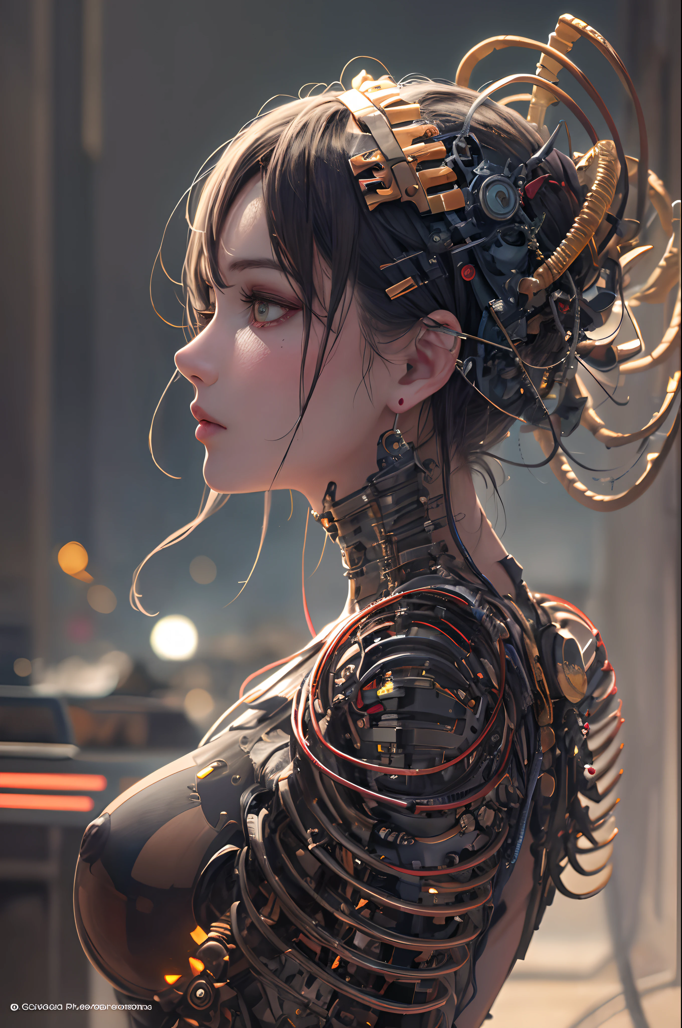 1mechanical girl,((ultra realistic details)), portrait, global illumination, shadows, octane render, 8k, ultra sharp,metal,intricate, ornaments detailed, cold colors, egypician detail, highly intricate details, realistic light, trending on cgsociety, glowing eyes, facing camera, neon details, machanical limbs,blood vessels connected to tubes,mechanical vertebra attaching to back,mechanical cervial attaching to neck,sitting,wires and cables connecting to head