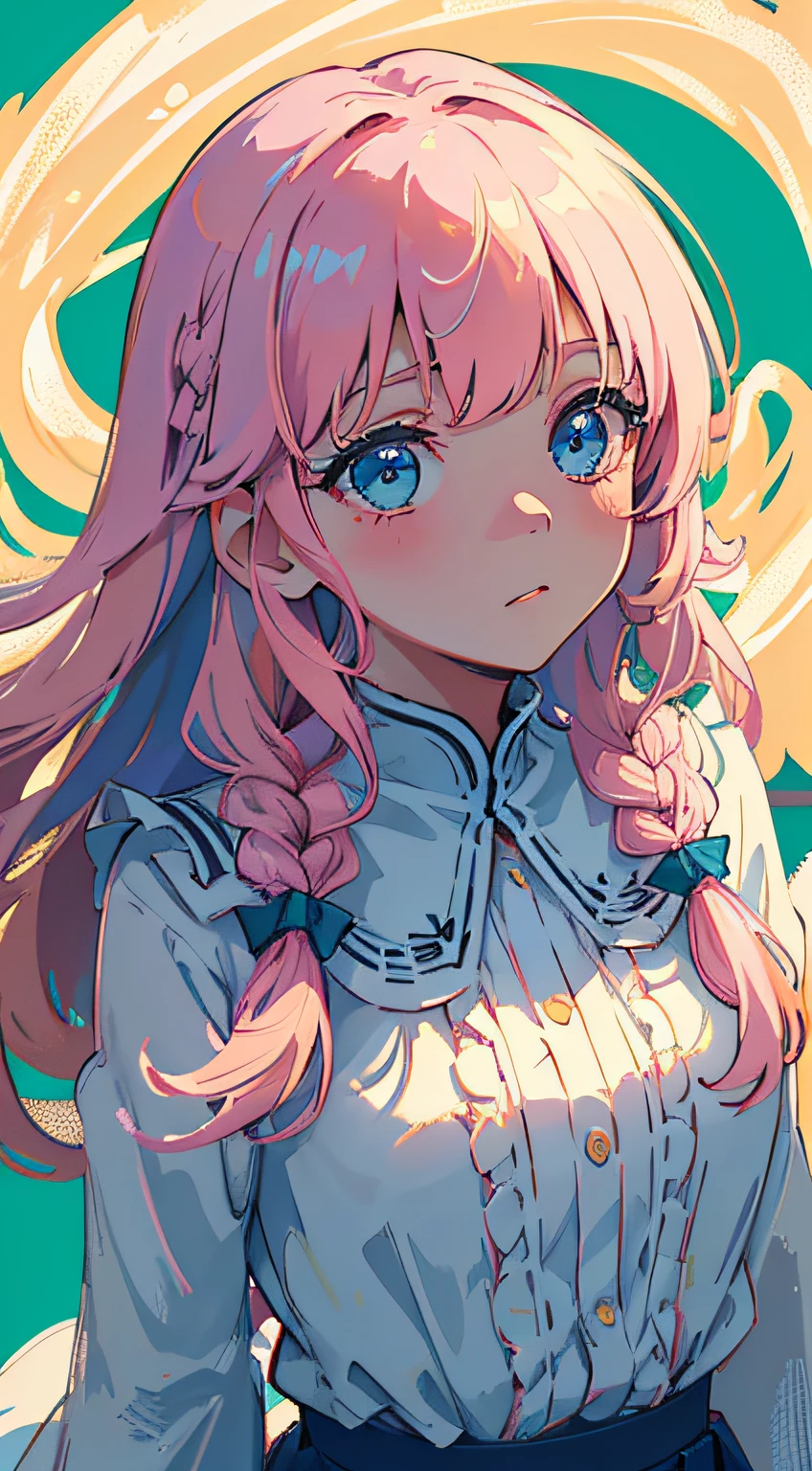 (masterpiece),best quality, the portrait of a girl in her bedroom, gorgeous, cute girl, perfect face, expressive eyes, (((extreme shading, semi-realistic, perfect light))), ((night, cozy, warm colors)), white dress, sensual, braid, detailed hair, amazing hair, 4k, stunning eyes, pink hair, blue eyes, semi-realistic, gentle, feminine, delicate, ephemeral,(soft), ultra-detailed, vivid colors, green background, elegant, class, BREAK she is embarassed, she is blushing, she is beauitful, cute image, the image has dramatic light, the girl has soft hair