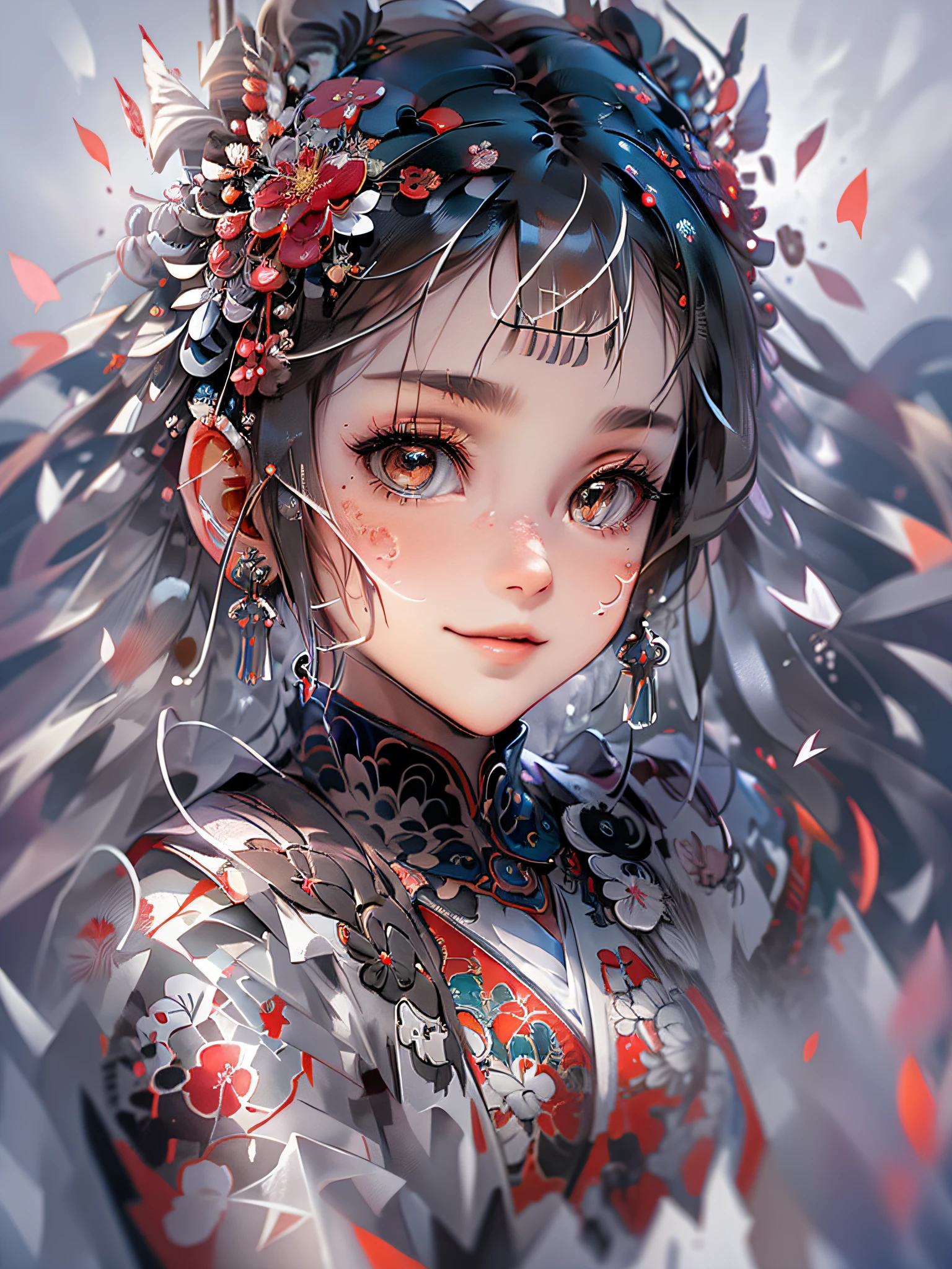 (masutepiece),best quality,illustration,Arte Nova,sumi-e,retrato,onry_1girl_rosto,(fundo branco:1.4),(o CG Unity 8K Wallpapers extremamente detalhado:1.1),(colorido:0.8),,(sozinho:1.2), (respingos de tinta),(respingos de cor),((aquarela paiting)),fundo das flores,ao ar livre,Pedregulhos,sorriso suave,tou,(Beautiful),Detailed and complex pattern,colorwater,(foco facial),Olhando para o Viewer