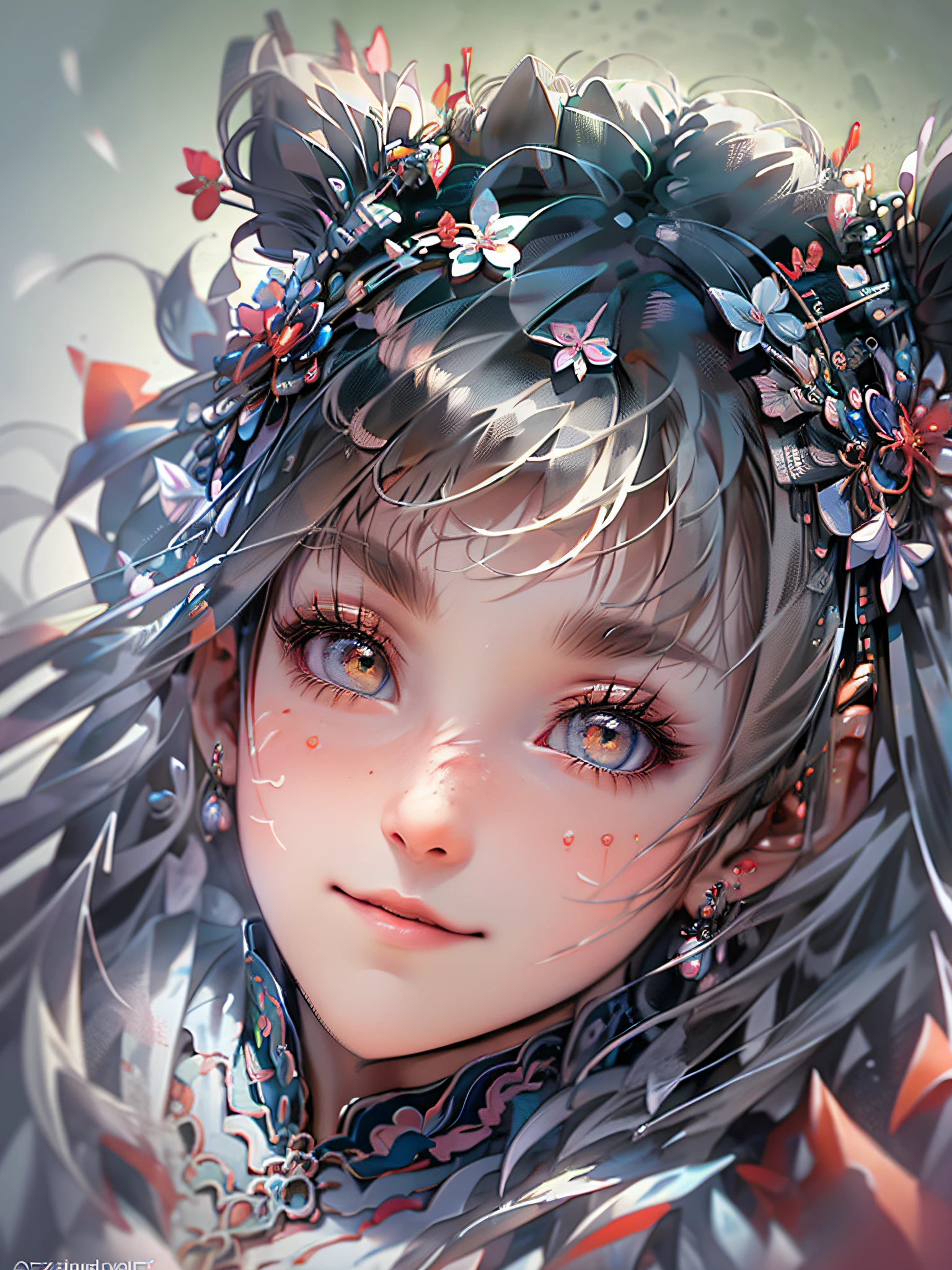 (masutepiece),best quality,illustration,Arte Nova,sumi-e,retrato,onry_1girl_rosto,(fundo branco:1.4),(o CG Unity 8K Wallpapers extremamente detalhado:1.1),(colorido:0.8),,(sozinho:1.2), (respingos de tinta),(respingos de cor),((aquarela paiting)),fundo das flores,ao ar livre,Pedregulhos,sorriso suave,tou,(Beautiful),Detailed and complex pattern,colorwater,(foco facial),Olhando para o Viewer