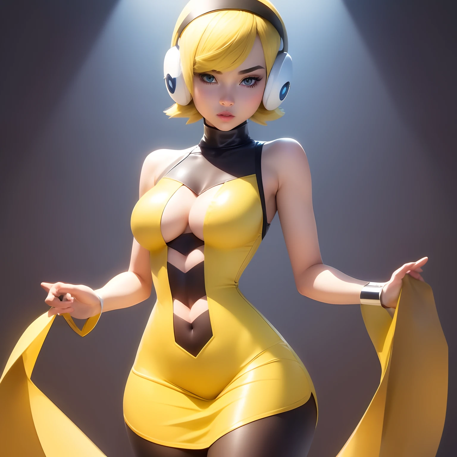 ((Solo)), masterpiece, perfect face, perfect eyes, ((elesa pokemon)), blond hair, short yellow cutout dress, cowboy shot, standing