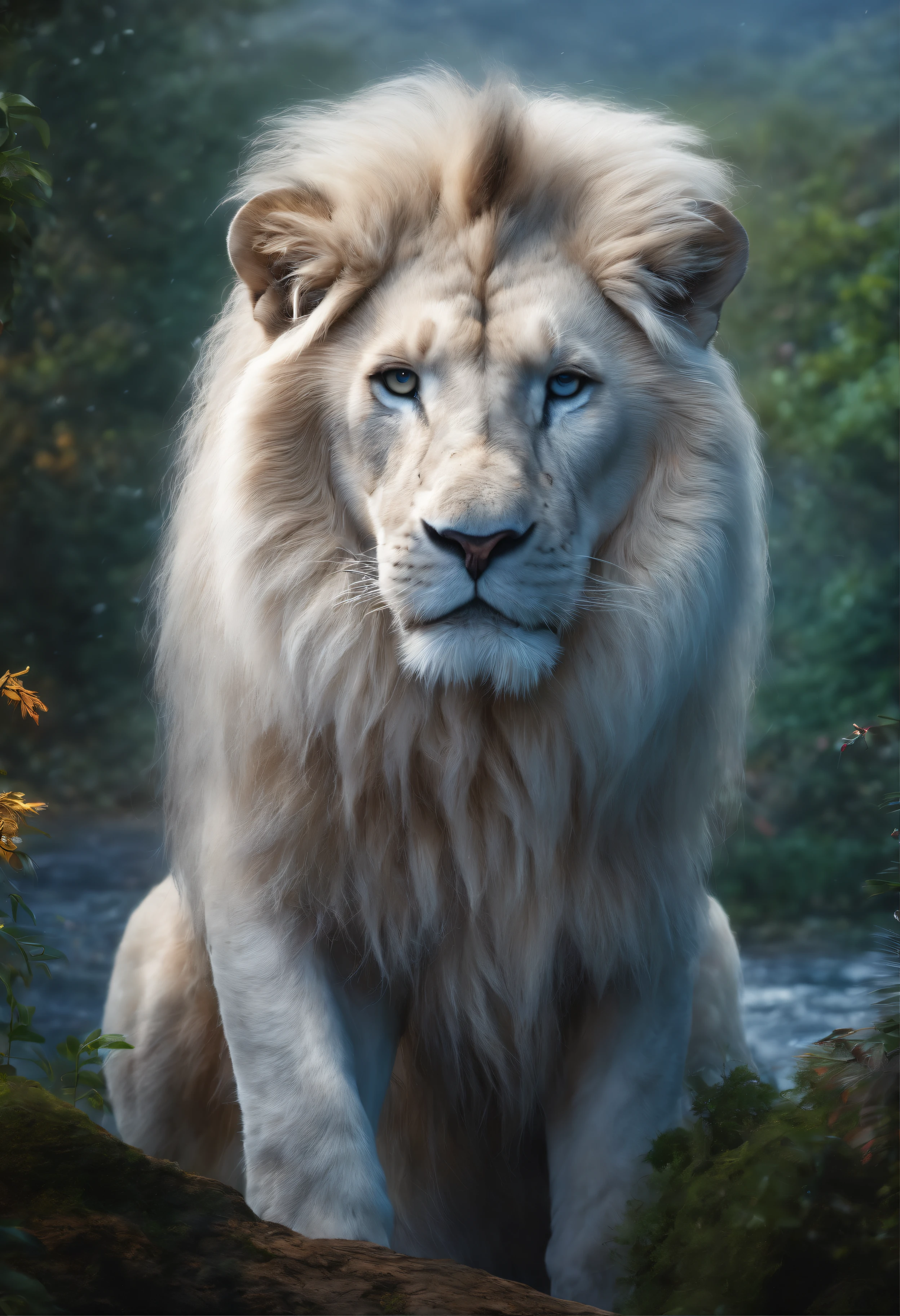 White lion, Wet fur, Heavy rain, on a riverbank, Brightly colored vegetation in the environment, ultra-detailliert, intricate artwork, 8K ultra-realistic cover photo with dazzling colors, Illuminate the night in the background, Convoluted. Defining Blockbusters, Cinematic, A realistic masterpiece of photography in 8K resolution: