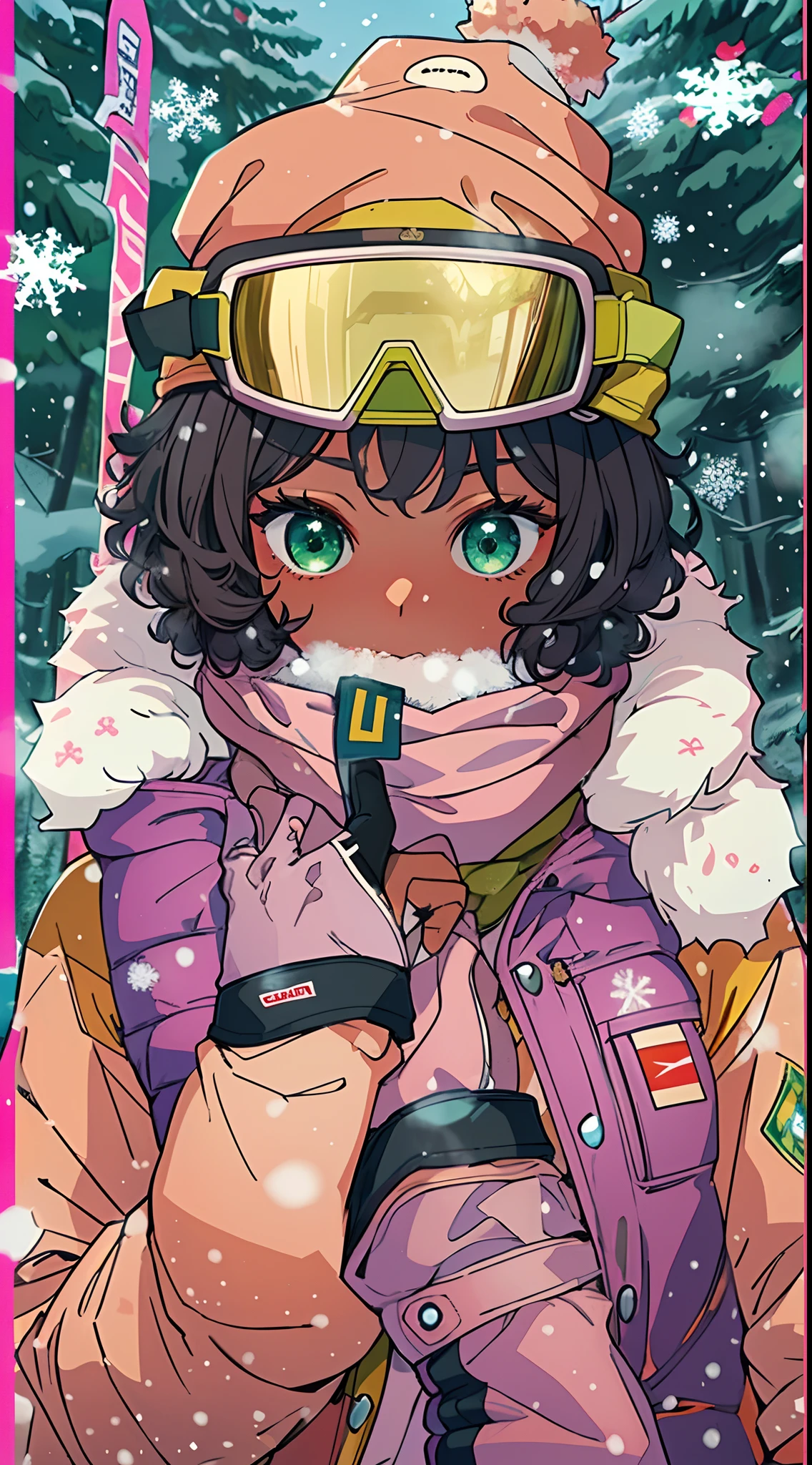 ((Masterpiece, hiquality, absurdress) 1Woman, black hair, curly hair, Afro-curly hair, Green eyes, a perfect face, the perfect body, big breastes, short stature, very dark skin, 独奏, ((Best Quality)), ((Masterpiece)), (Detailed:1.4), Detailed eyes and face, winter, snowing, snowman, winter down jacket, ski pants, bonnet, winter gloves, a scarf, skiing, mountains, woods, Skiing, pink sheks