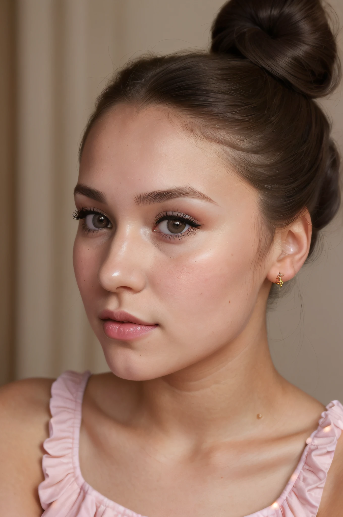 candid photo of a cute young woman ((Joana Gates)) , 25 years, extremely detailed eyes, beautiful face, sweet pink lips, detailed natural skin with pores,  ((gorgeous dress 1.5)), with bun hair and dark theme