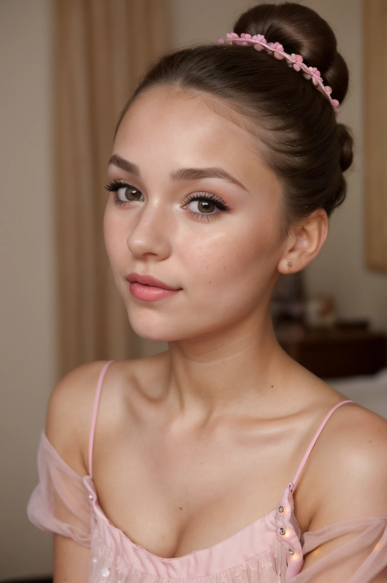 candid photo of a cute young woman ((Joana Gates)) , 25 years, extremely detailed eyes, beautiful face, sweet pink lips, detailed natural skin with pores, ((gorgeous dress 1.5)), with bun hair and dark theme