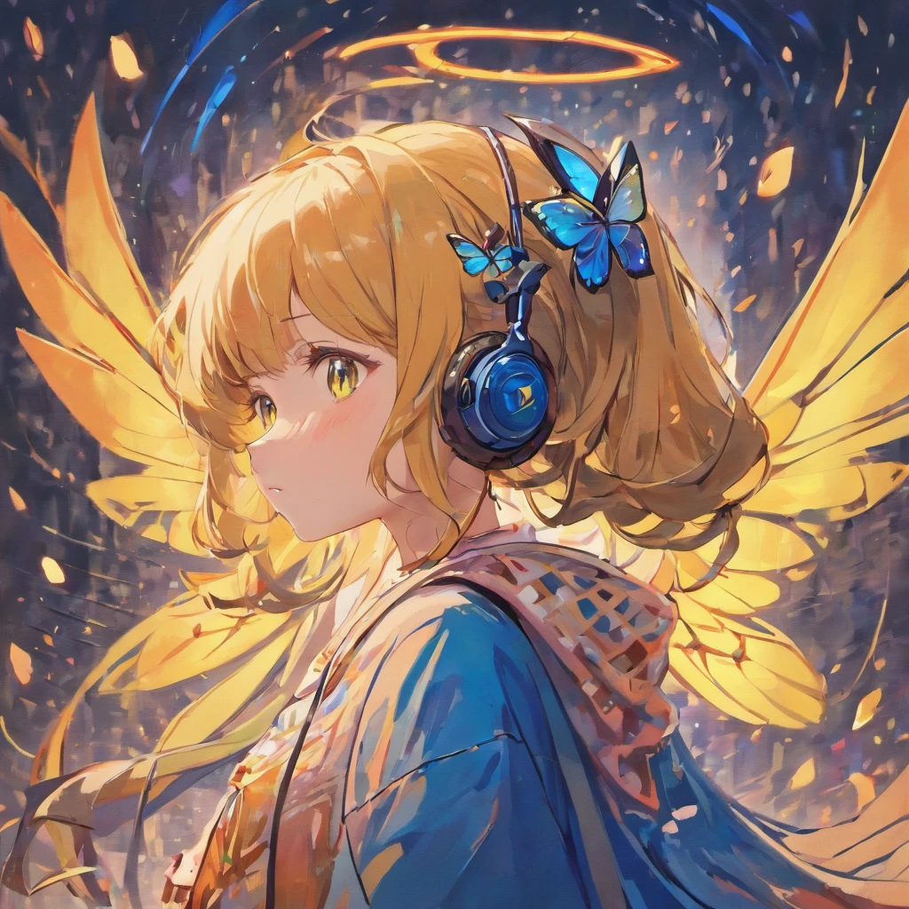 girl wearing headphones with butterfly wings, rich details, van gogh style, 8k, oil painting.
