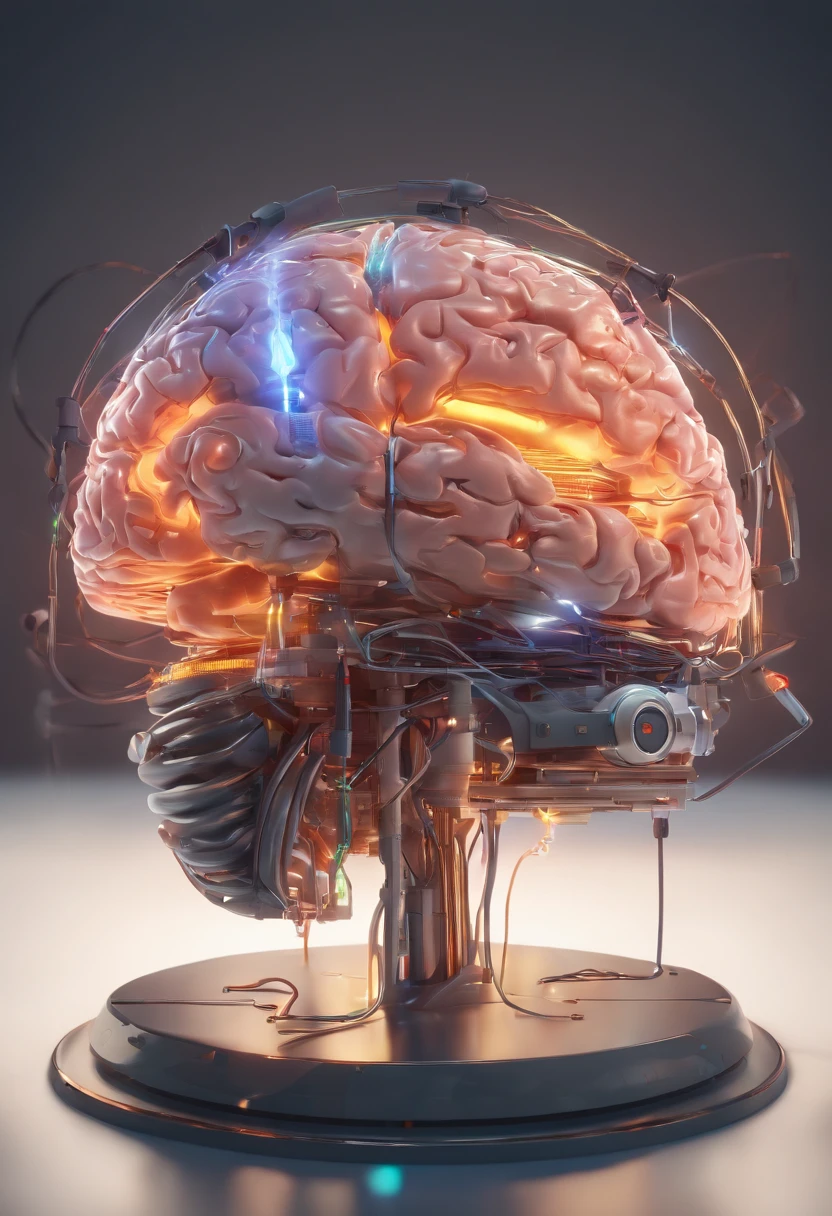 A highly detailed brain, electronic medium with neons and half real gray