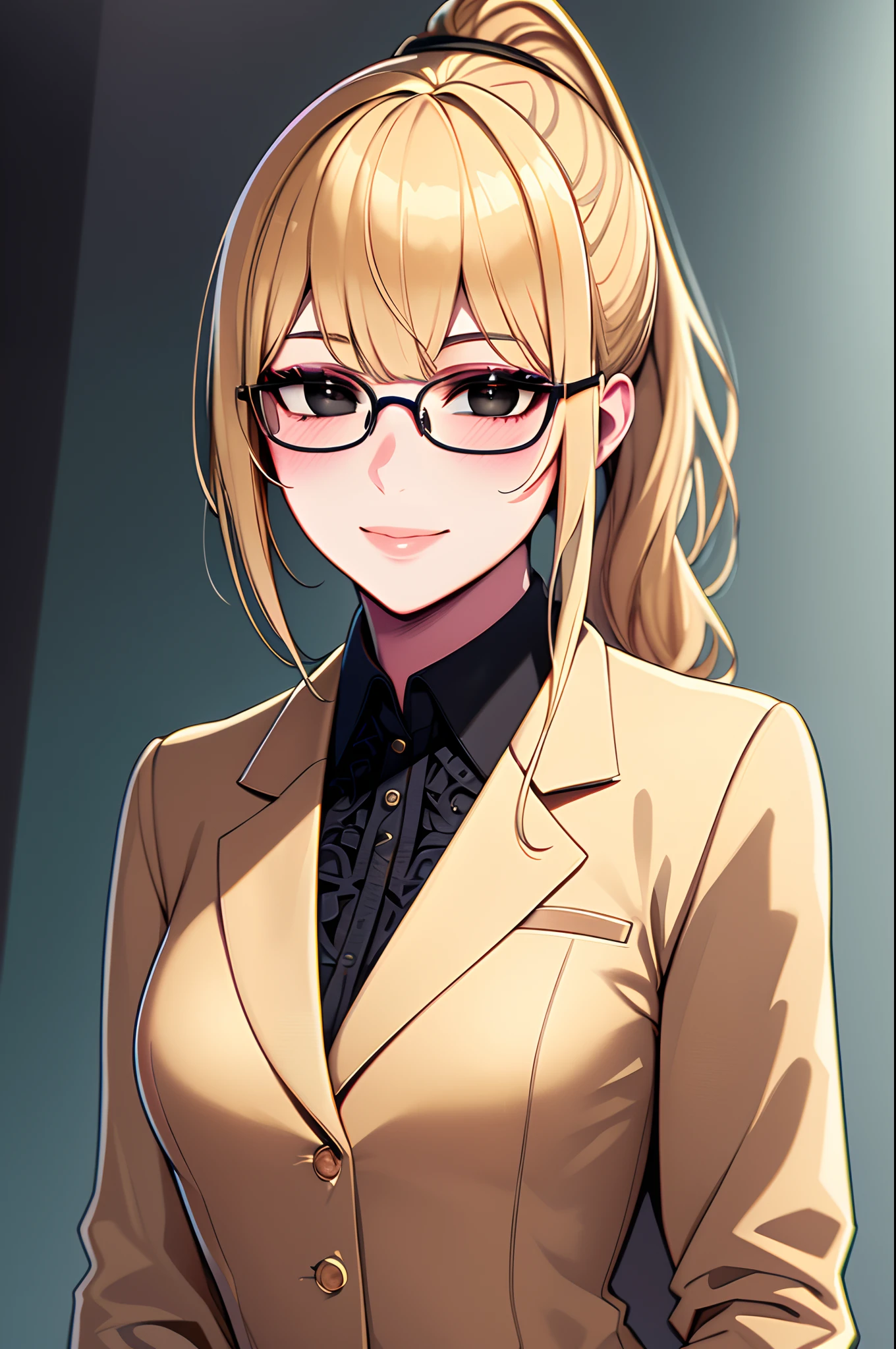 ((masterpiece)), ((ultra-detailed)), ((best quality)), ((intricate details)), ((chromatic aberration)), 1girl, blunt bangs, blush, small breasts, makeup, black eyeliner, looking at viewer, blonde hair, black eyes, office lady outfit, suits, jacket, collared shirt, ponytail, light smile, (glasses)