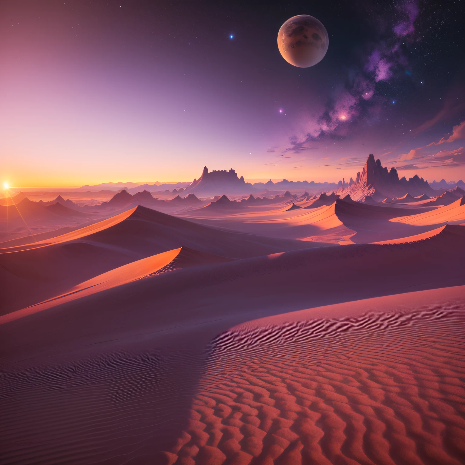 Landscape of a purple desert space planet with mountains at dawn