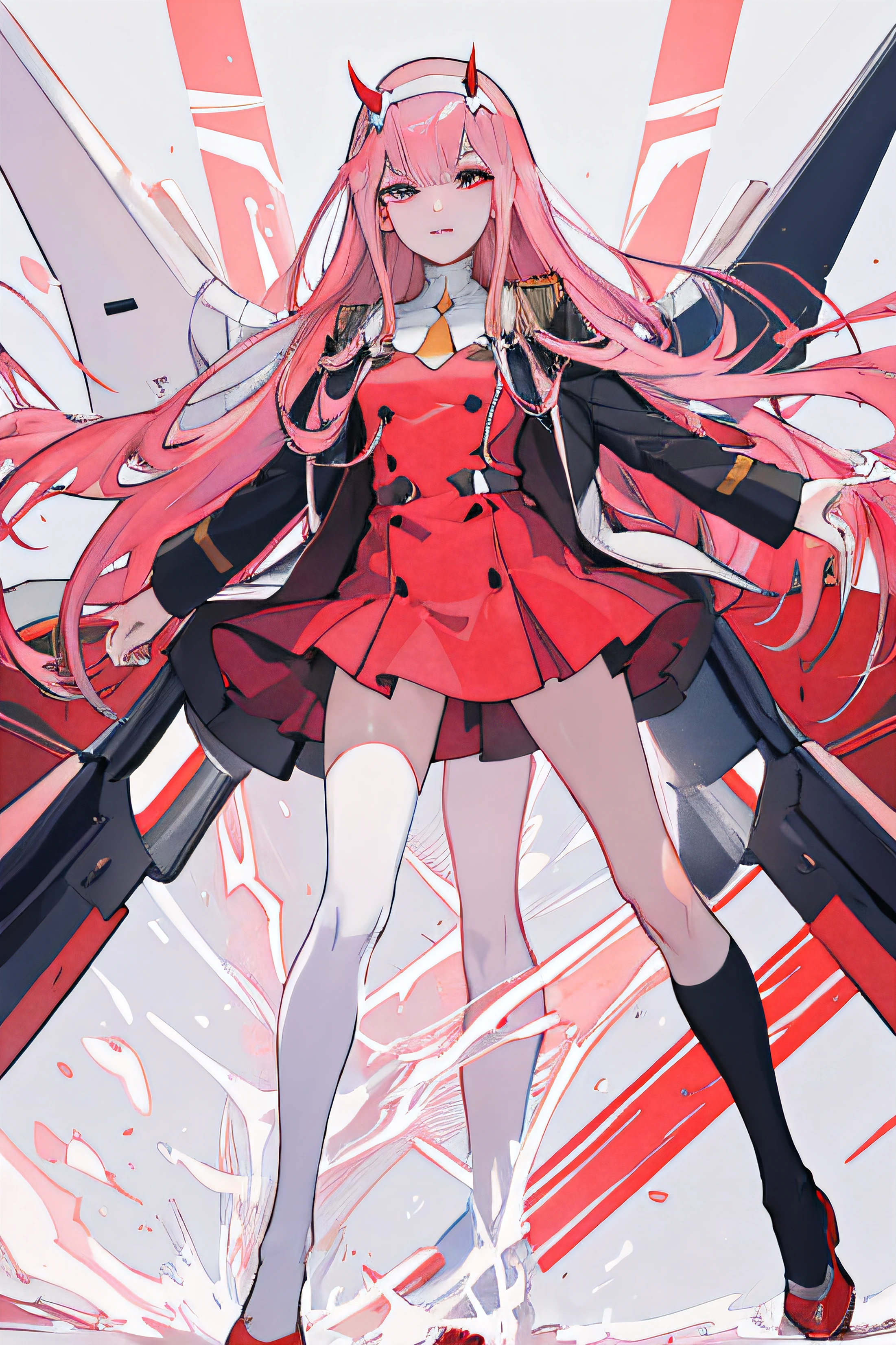 (masterpiece), (best quality), (ultra detailed), full body picture of Zero Two, Zero Two \(Darling in the FranXX\), military uniform, pink hair, horns, hair ornament, red horns, oni horns, red military uniform, (((no else))), ((masterpiece, best quality)), perfect lighting, depth of field, masterpiece, best quality, UHD, anatomically correct, high details, highres, 8k, perfect anatomy, accurate