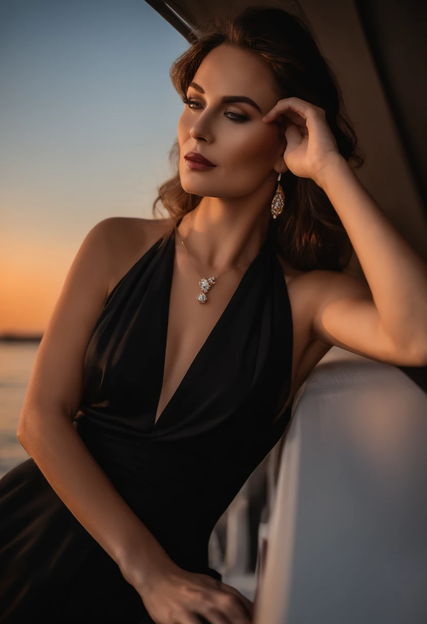 photo d'appareil photo professionnel d'une belle femme brunette, (Highly detailed 8K, Masterpiece, Best quality, Ultra-detailed), sunset, basse lumiere, dans un un yacht, coucher du soleil, robe dior ???? ,robe ???? classe, classe, beacoup de details, 8k, visage parfait, beacoup de details visage, hight quality,belle forme, beacoups de details visage, good quality face, sunset, robe, black dresses, ultra realiste
