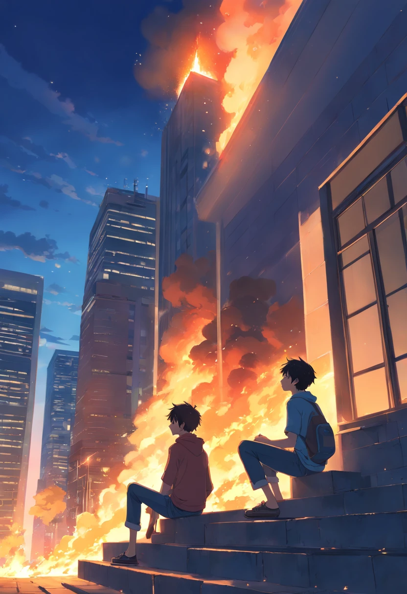 A young teenage man with his friends sitting on the edge of a building staring at his on fire