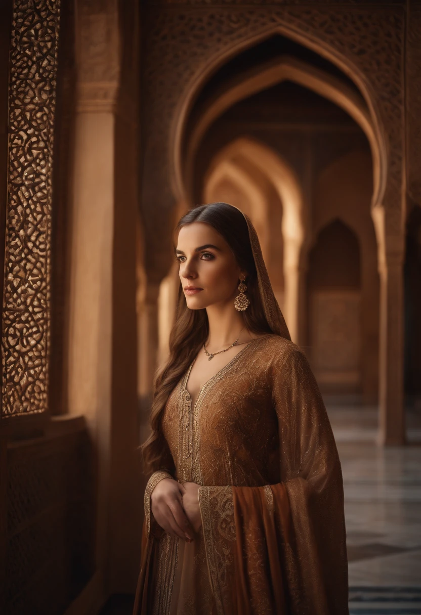a woman with brown-white hair wearing Islamic women's attire in the palaces of Al-Andalus looking forward,medium:oil painting,detailed attire,detailed architecture,detailed patterns on clothing,and transparent gown flowing,best quality,high-res,ultra-detailed portrait,soft lighting,calm atmosphere,beautiful colors.