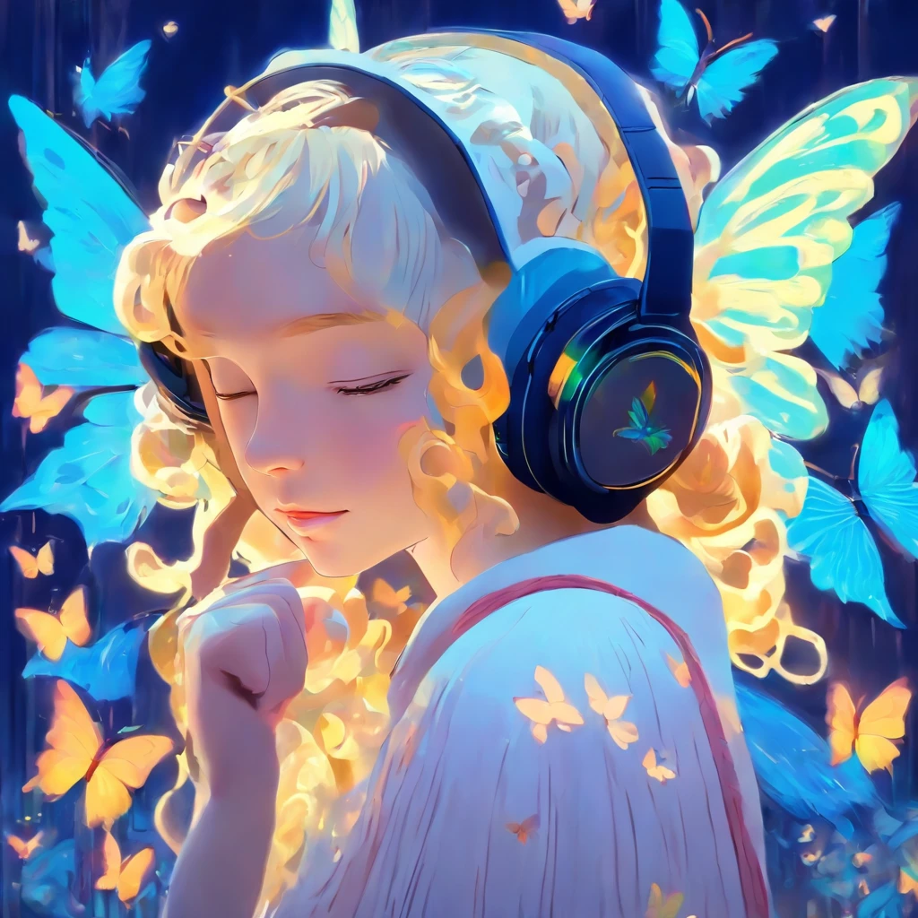 girl wearing headphones with butterfly wings, rich details, van gogh style, 8k, oil painting.