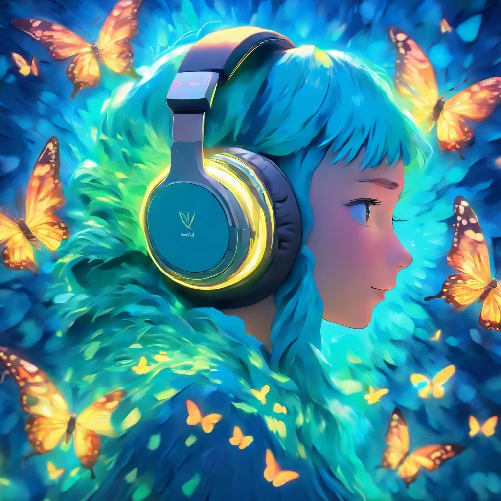 girl wearing headphones with butterfly wings, rich details, van gogh style, 8k, oil painting.