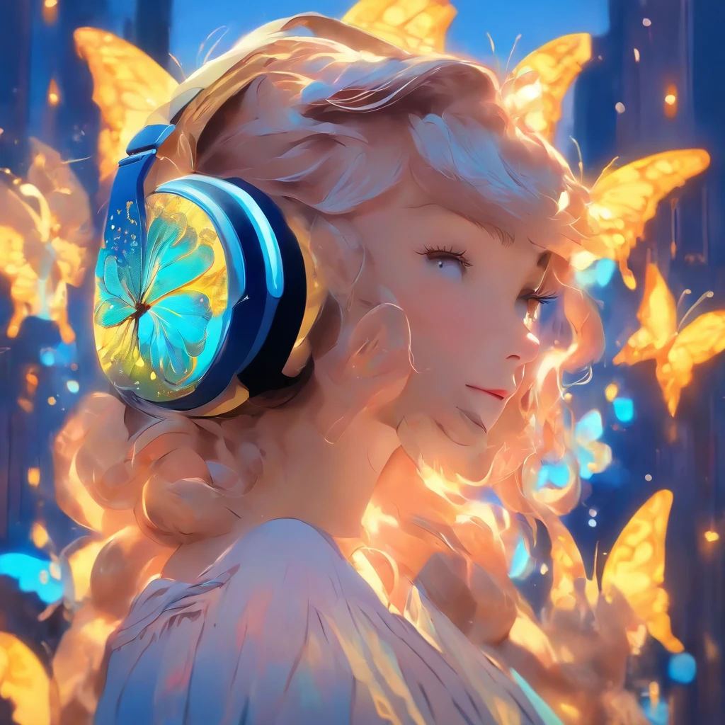 girl wearing headphones with butterfly wings, rich details, van gogh style, 8k, oil painting.
