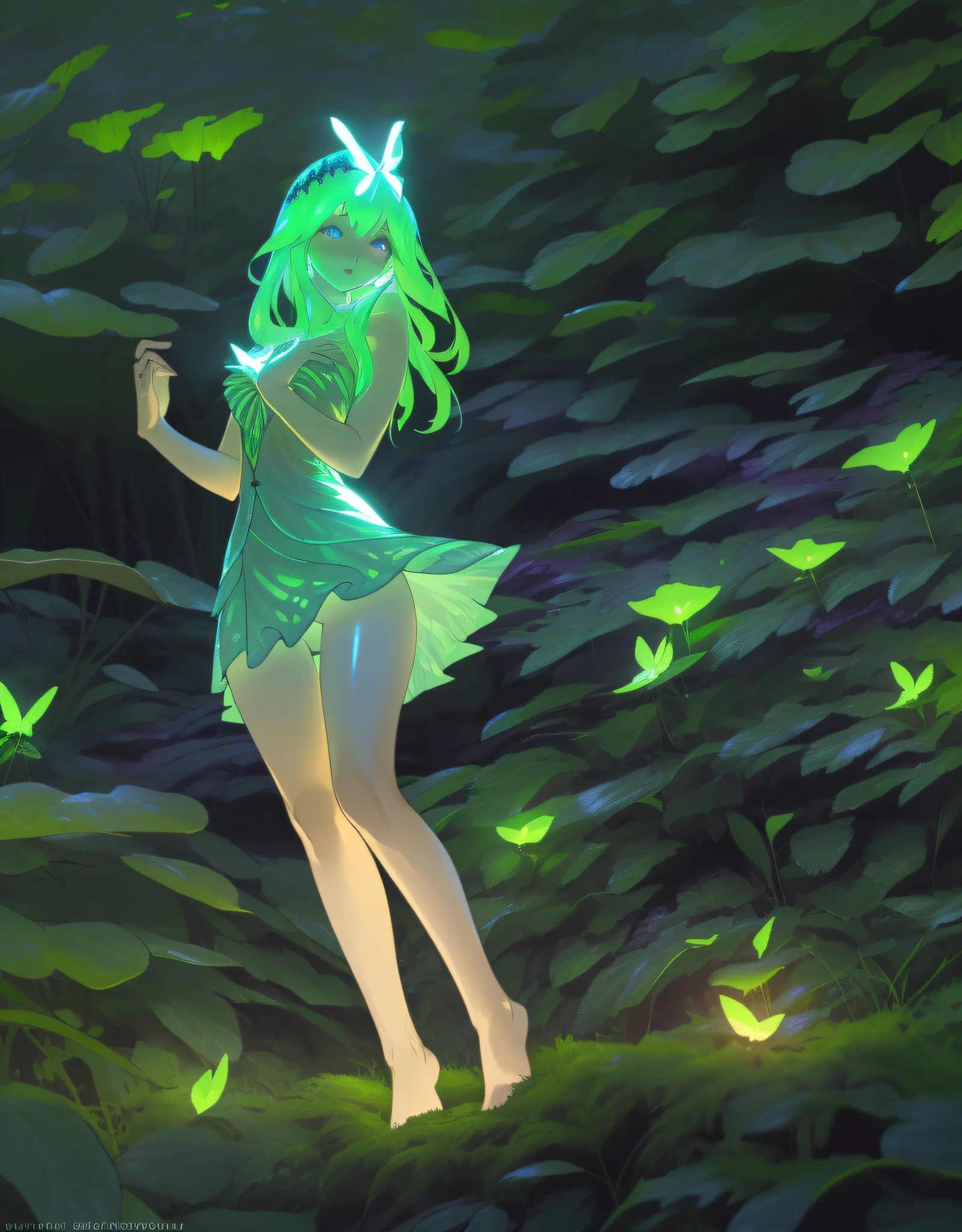(masterpiece), best quality, highres, (realistic face:1.1), (hyperrealistic:1.3), 4k, 8k, Detailed Illustration, intricate detail, (night:1.5), glowing particles, floating, 1girl, (tight butterfly themed dress), butterfly styled dress, see through top, diadem, mini skirt, (skin thight:1.3) ((full_body)), fit female,, goddess, nymph, medium breasts , perfect eyes, sexy, (shiny skin:1.2),(outdoors:1.3), (nature background:1.3), (bioluminescent fern), glowing moss, (small head:0.5), cinematic lighting, sharp shadows, amazing quality, amazing shading, soft lighting, (symetrical:0.5), facing camera, ultra-detailed ,