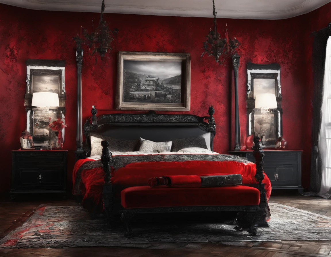 (best quality, HDR, highres, masterpiece:1.2), ultra-detailed, realistic:1.37, black and red landscape, captivating red lighting, no women, luxurious bedroom with black and red furnishings, sizzling hot and seductive atmosphere