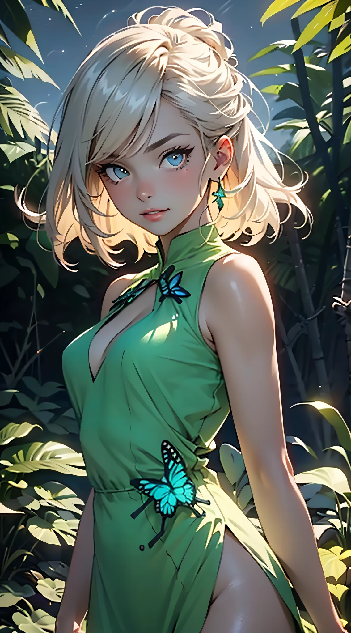 (masterpiece), best quality, highres, (realistic face:1.1), (hyperrealistic:1.3), 4k, 8k, Detailed Illustration, intricate detail, (night:1.5), glowing particles, floating, 1girl, (tight butterfly themed dress), butterfly styled dress, see through top, diadem, mini skirt, (skin thight:1.3) ((full_body)), fit female,, goddess, nymph, medium breasts , perfect eyes, sexy, (shiny skin:1.2),(outdoors:1.3), (nature background:1.3), (bioluminescent fern), glowing moss, (small head:0.5), cinematic lighting, sharp shadows, amazing quality, amazing shading, soft lighting, (symetrical:0.5), facing camera, ultra-detailed ,