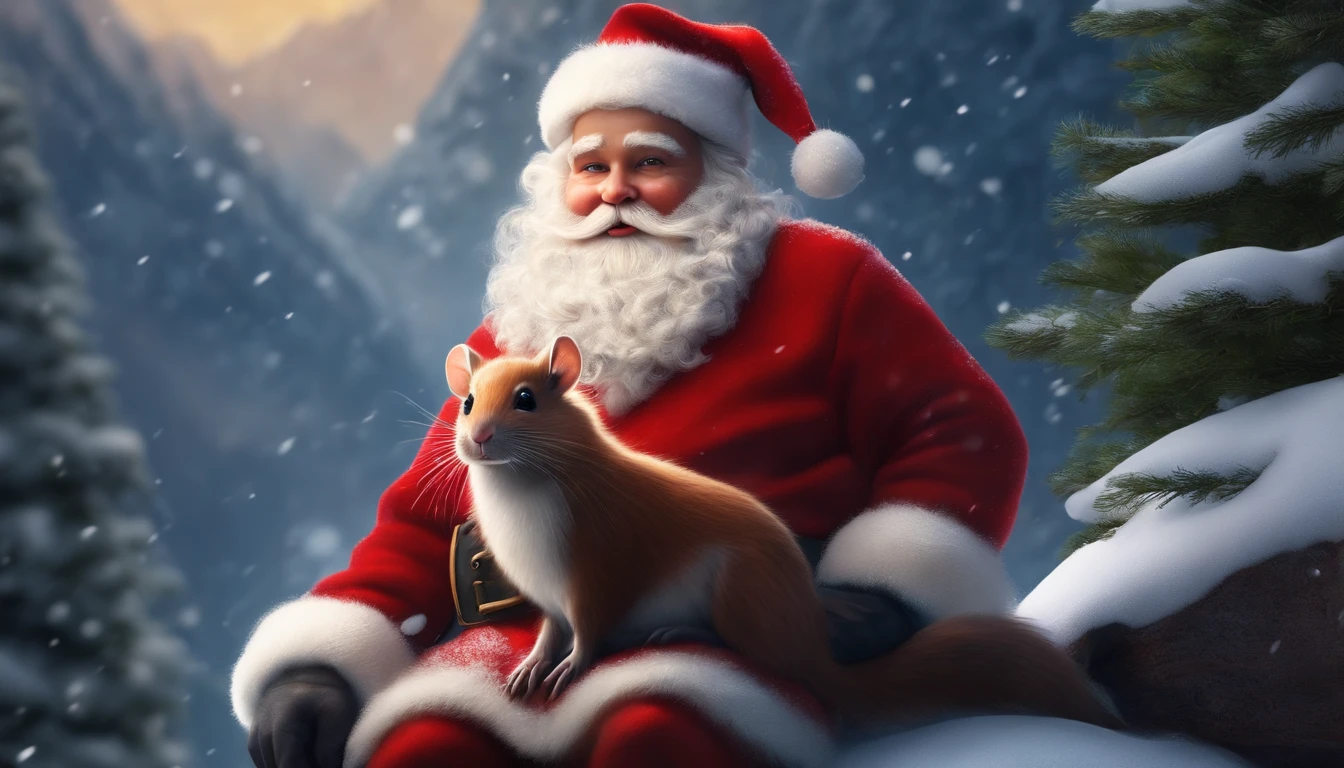 santa with cute mouse in red sweater vest sitting on his shoulder, snow falling