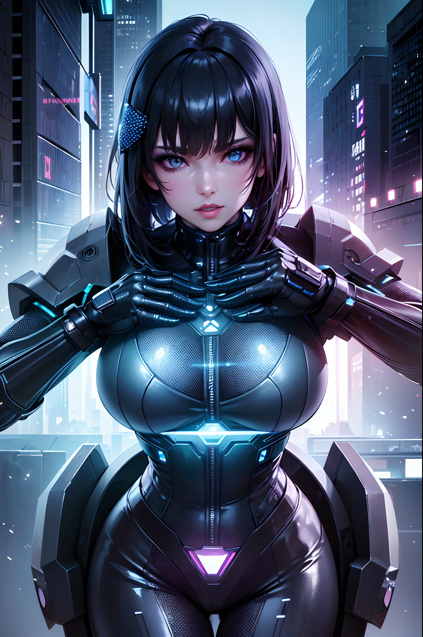 (nsfw), hentai, open clothes, ponty nipples, visible pussy, perfect eyes, 1girl, short black hair and a futuristic outfit, light blue eyes, cyberpunk art, pixiv contest winner, neoism, female cyberpunk, cyberpunk mech girl, cyberpunk girl, digital cyberpunk art, oppai cyberpunk, cute cyborg girl, perfect cyborg woman, futuristic city in the background, ((best qualtiy)), ((tmasterpiece)), (the detail:1.4), 3D, Delicate big eyes, Details of large black pupils, Big boobs, A beautiful cyberpunk female image, HDR ,Ray traching, NVIDIA RTX, Hyper-Resolution, Unreal 5, Subsurface scattering, PBR Texture, post-proces, Anisotropy Filtering, depth of fields, Raised sexy, maximum definition and sharpness, Many-Layer Textures, Surface coloring, Accurate simulation of light-material interactions, perfectly proportions, rendering by octane, Two-colored light、largeaperture, Low ISO, White balance, the rule of thirds, 8K raw data