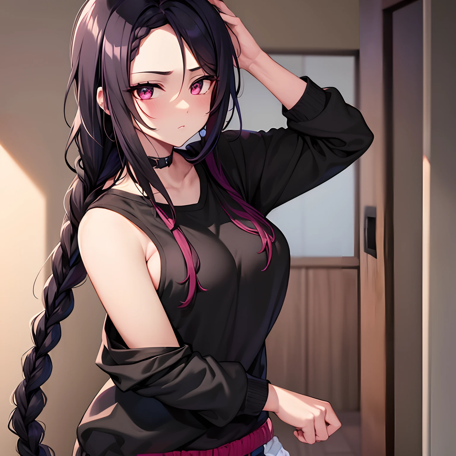 (masterpiece, best quality:1.2), 1 Girl, Solitary,permanent_, 
Mandarin oranges, Long hair, without Black sleeveless short vest，Pink skirt，Black