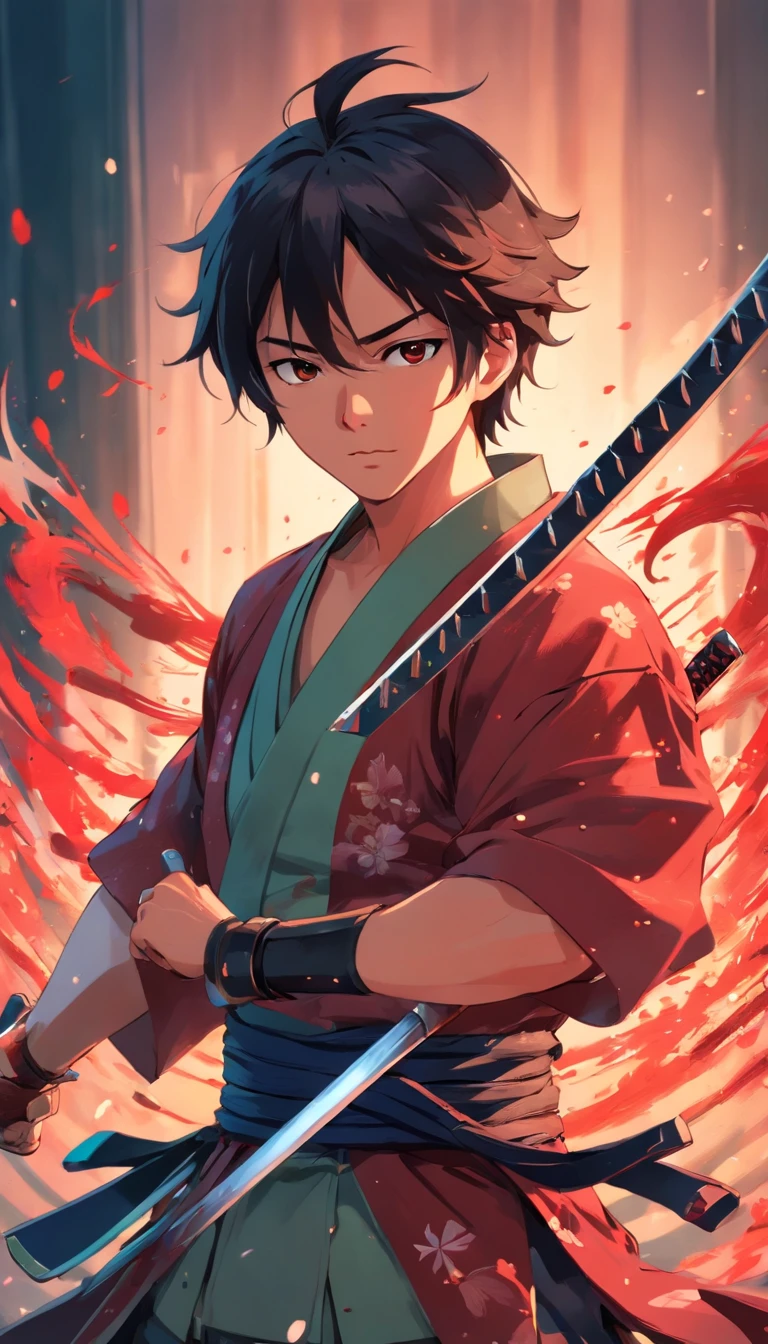 "Felipe Eyng as a bloodthirsty samurai, adornado con una katana ornamental, con una armadura oscura y una barba rugosa, exudando un aura de oscuridad y misterio."