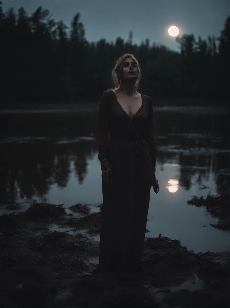 (dense damp forest), the night, (Black Sky). The moon shines from behind the clouds. Tormented by lust, european woman, (drowning in a mud swamp), Dressed in jeans and a blouse. She is embarrassed and frightened, but cannot cease to receive this shameful pleasure. She continues to drown in the mud,
