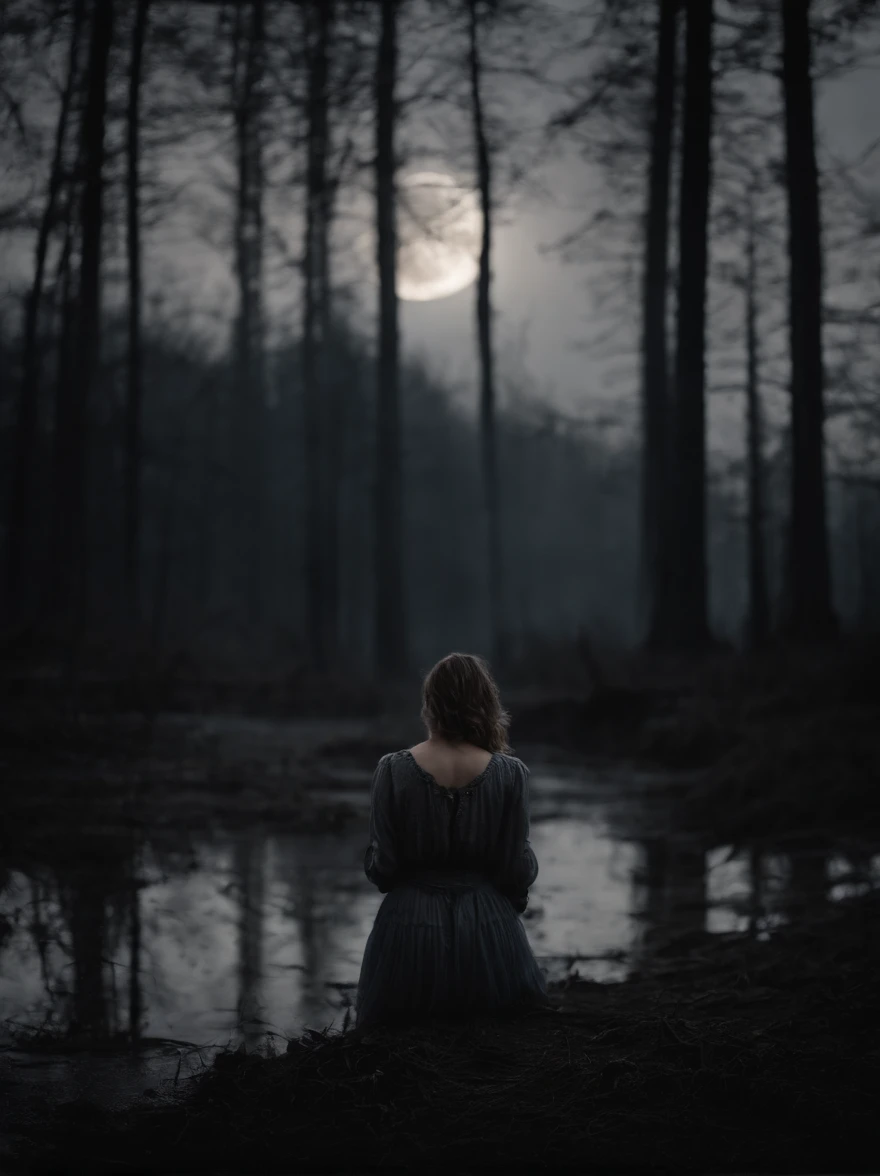 (dense damp forest), the night, (Black Sky). The moon shines from behind the clouds. Tormented by lust, european woman, (drowning in a mud swamp), Dressed in jeans and a blouse. She is embarrassed and frightened, but cannot cease to receive this shameful pleasure. She continues to drown in the mud,