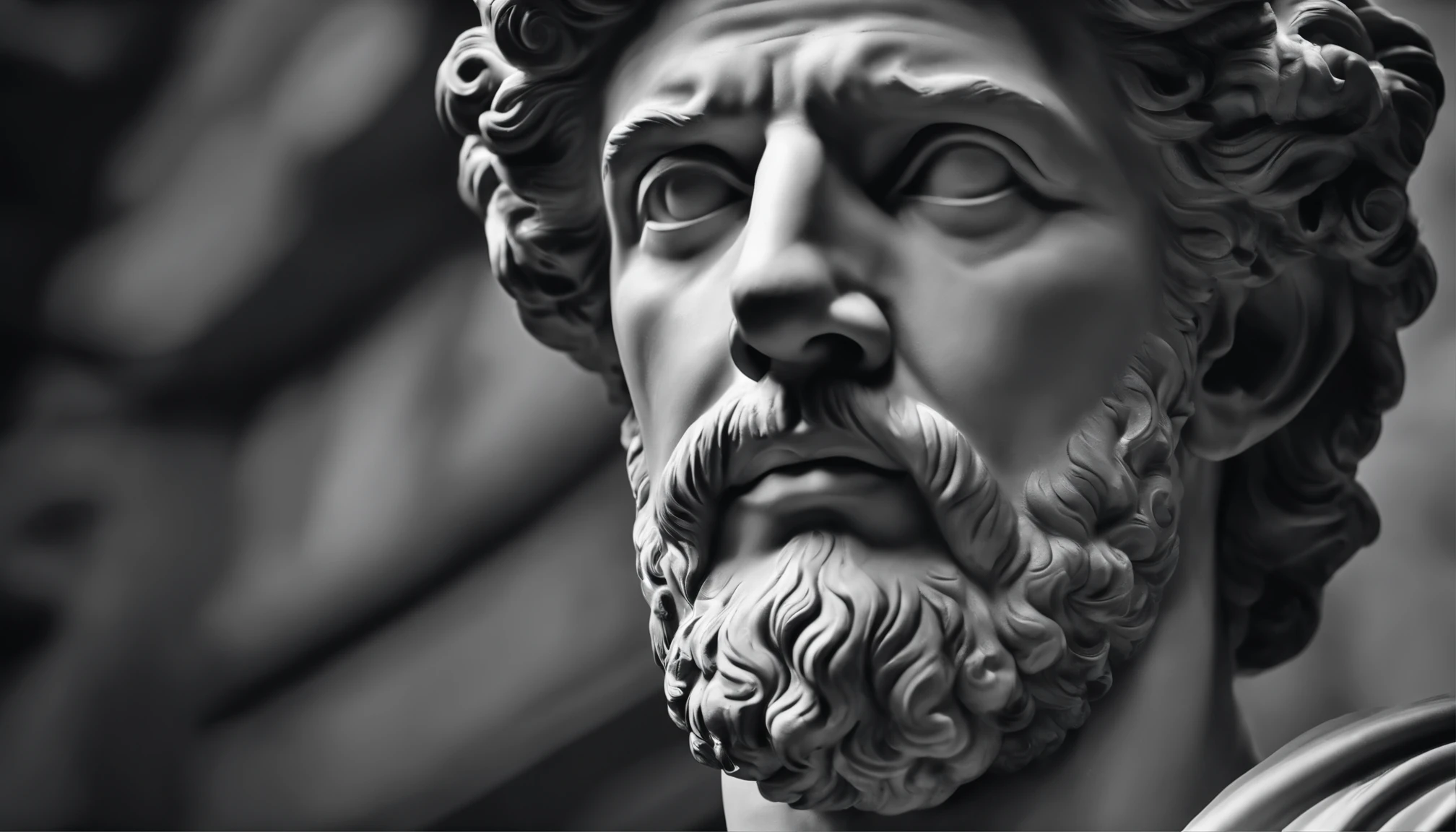 a portrait statue of the stoic Marcus Aurelius in black and white 4K,Face de lado, papel de parede super realista