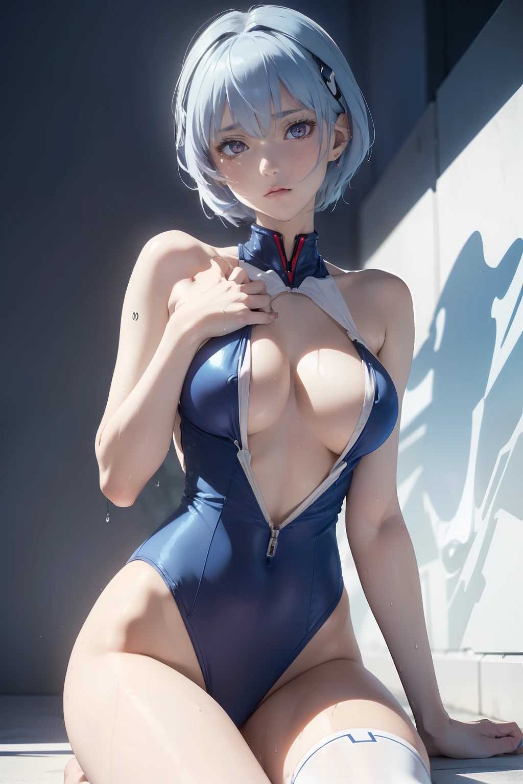(masterpiece, best quality, ultra-detailed, 8k, wallpaper, photorealistic), ((perfect hands)), ((perfect anatomy)), medium cleavage, long round legs, round ass, ((alluring anime girl)), ((Rei Ayanami)), ((capturing her ethereal beauty with pale wet skin, wet short indigo hair)), ((and bright crimson eyes that seem to hold a mysterious depth)), ((A one-piece swimsuit in a pale blue or white color, swimsuit should be simple and elegant, with a high neckline and a modest yet flattering cut, you can incorporate subtle details like the NERV logo or other Evangelion-themed designs as accents, to pay homage to her character)), ((close-up shot)), ((dynamic background)), ((sensual pose))