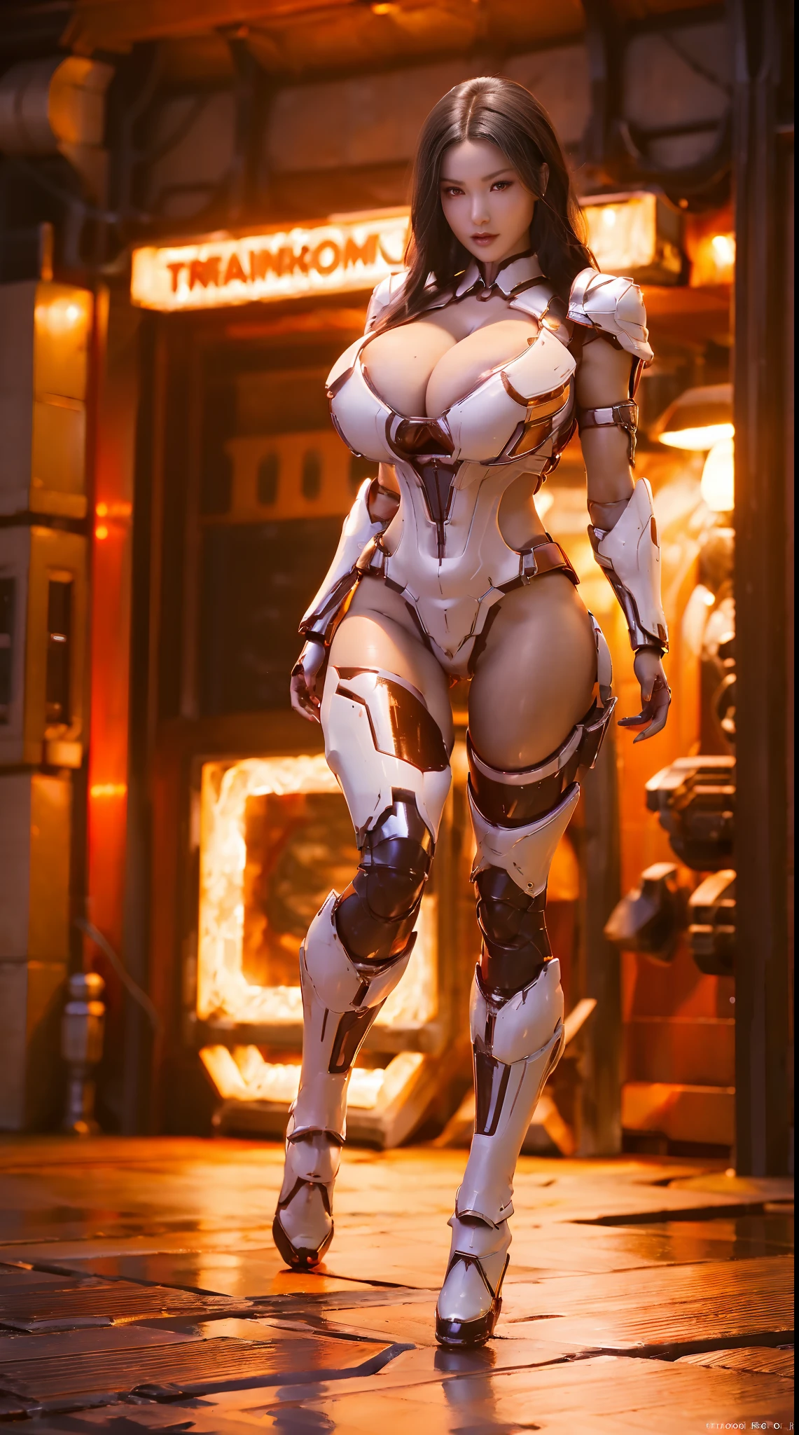 A WOMAN, BEAUTIFULL FACE, (RED EYES PUPIL:1), (SEXY RED LIBS:1), (BLACK HAIR:1), (BEAUTY MAKEUP:1), (SHINY BODYSKIN:1.2). (HUGE BOOBS), (FULL BODY:1.5), (WHITE SKINTIGHT MECHA ARMOR:1.1), (CLEAVAGE:1.3), TRANSPARANT, TALL LEGS, STANDING, SEXY BODY, MUSCLE ABS.