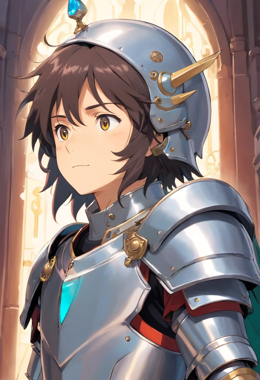boy, guardian, silver armor, helmet, with a foil, (masterpiece), best quality, expressive eyes, perfect face, full body