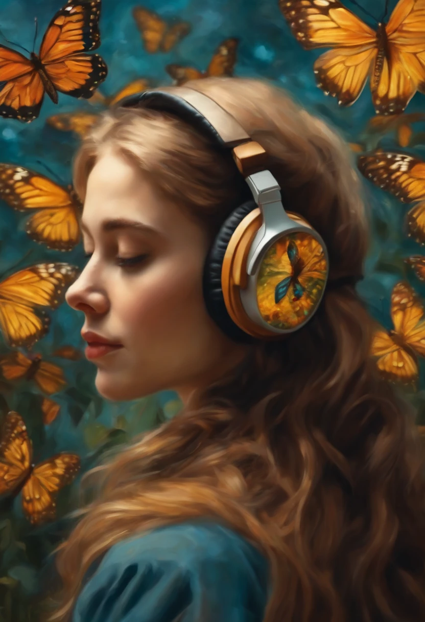 girl wearing headphones with butterfly wings, rich details, van gogh style, 8k, oil painting.