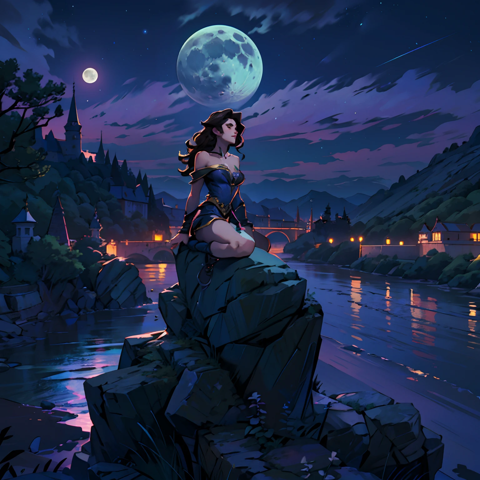 full shot of a captivating necromancer on top of a rock, bare shoulders, bare thighs, long wavy dark hair, breathtaking scenery, (castle, river, mystical sky, moonlit night)